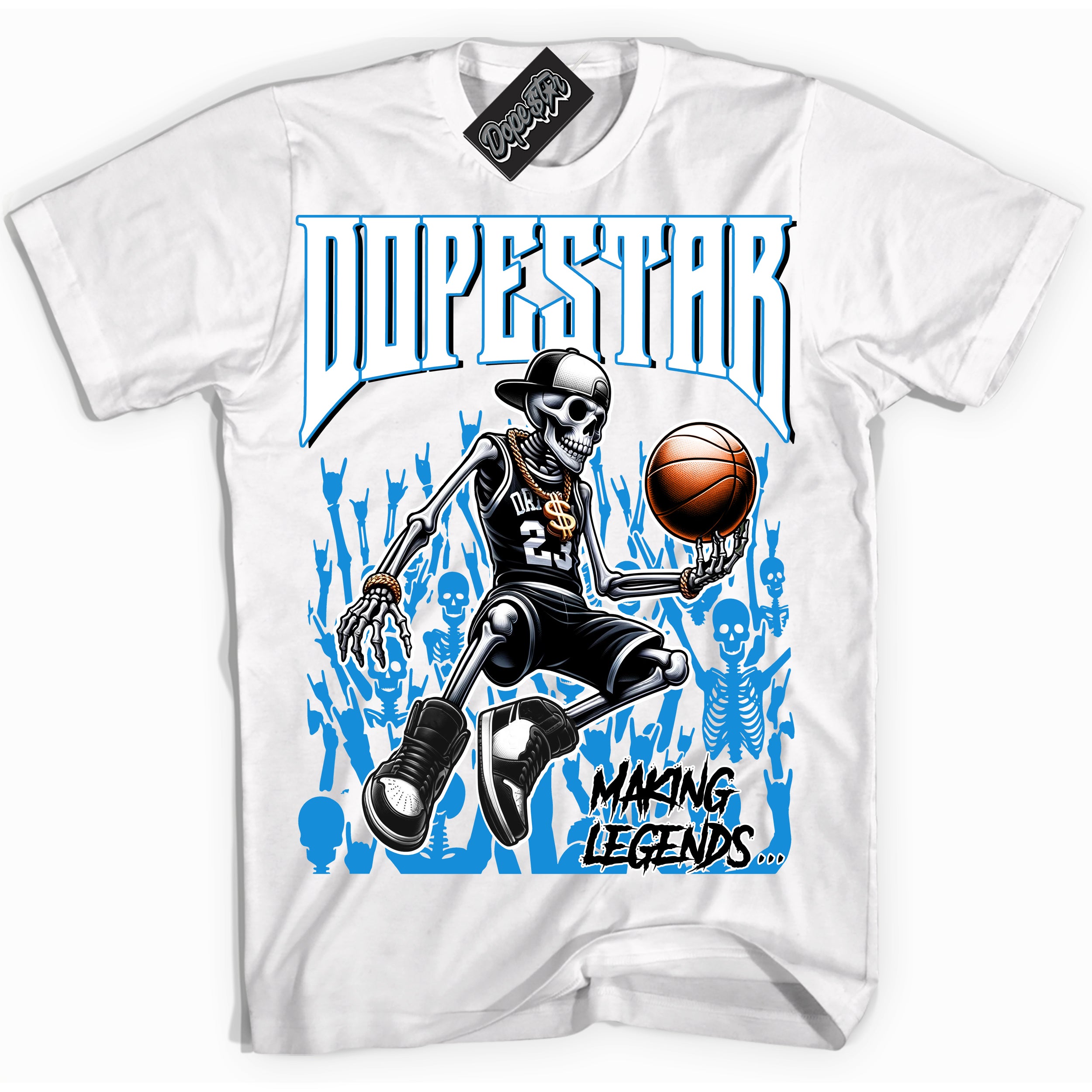 Cool White Shirt with “ Making Legends ” design that perfectly matches Powder Blue 9s Sneakers.