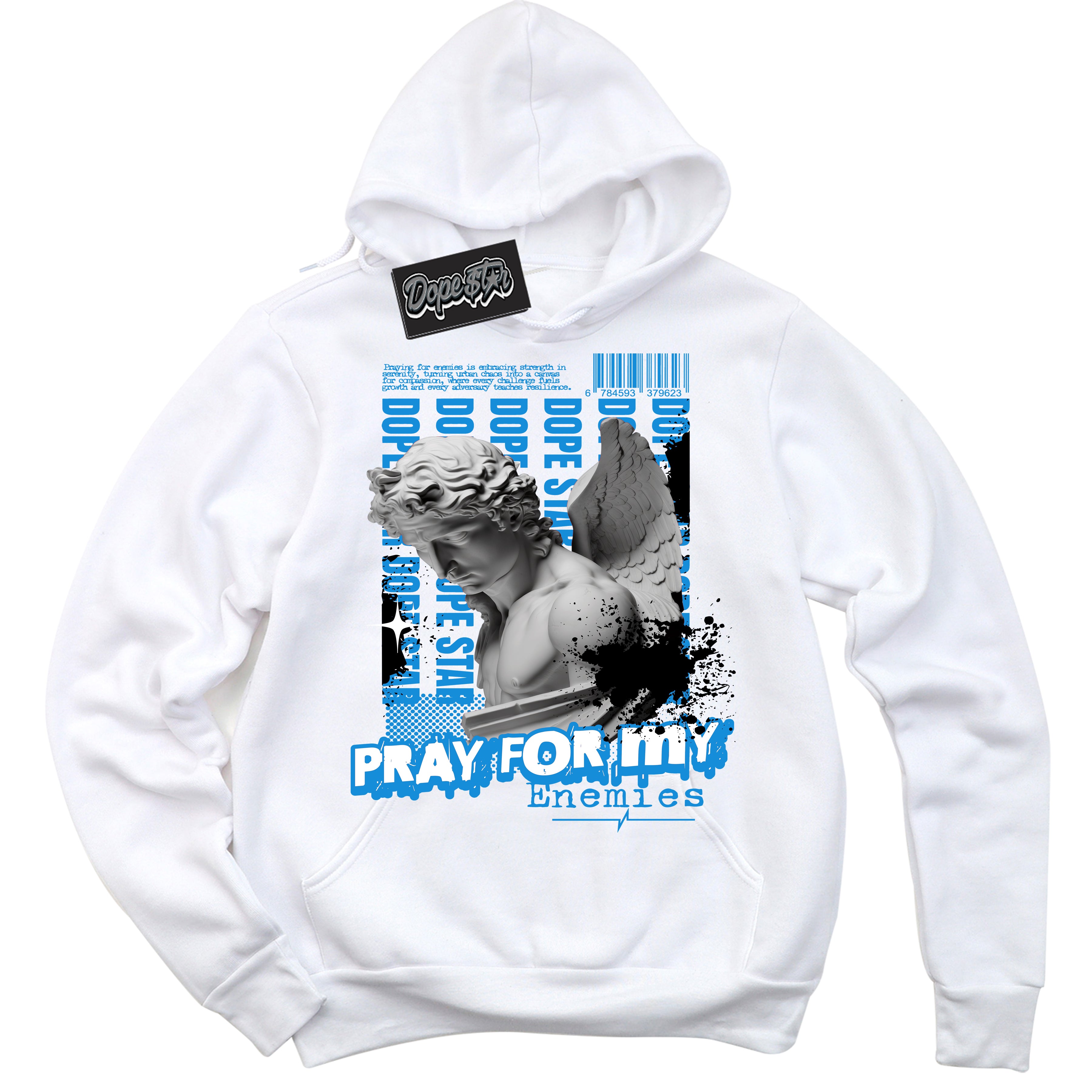 Cool White Hoodie with “ Pray Enemies ”  design that Perfectly Matches Powder Blue 9s Sneakers.