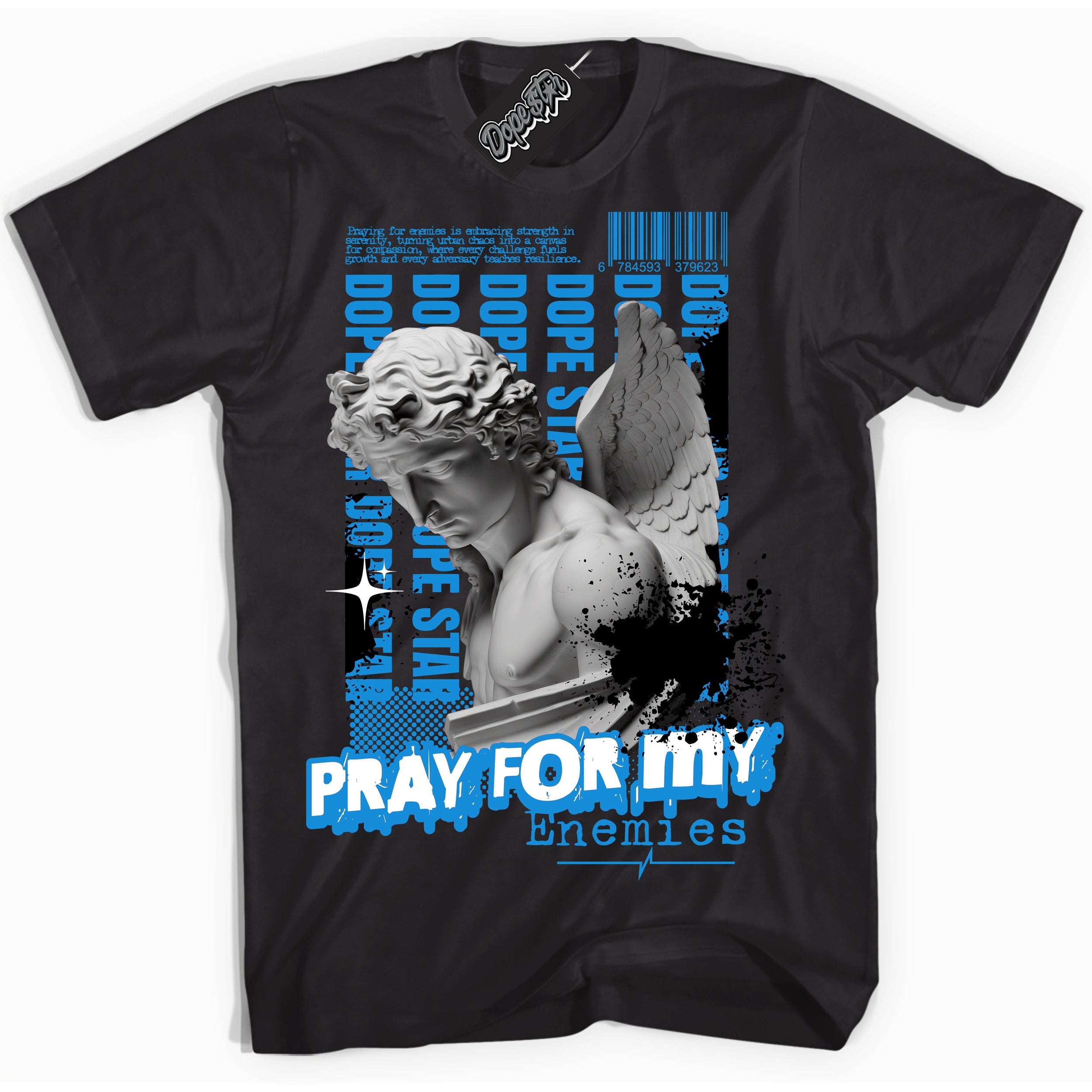 Cool Black Shirt with “ Pray Enemies” design that perfectly matches Powder Blue 9s Sneakers.