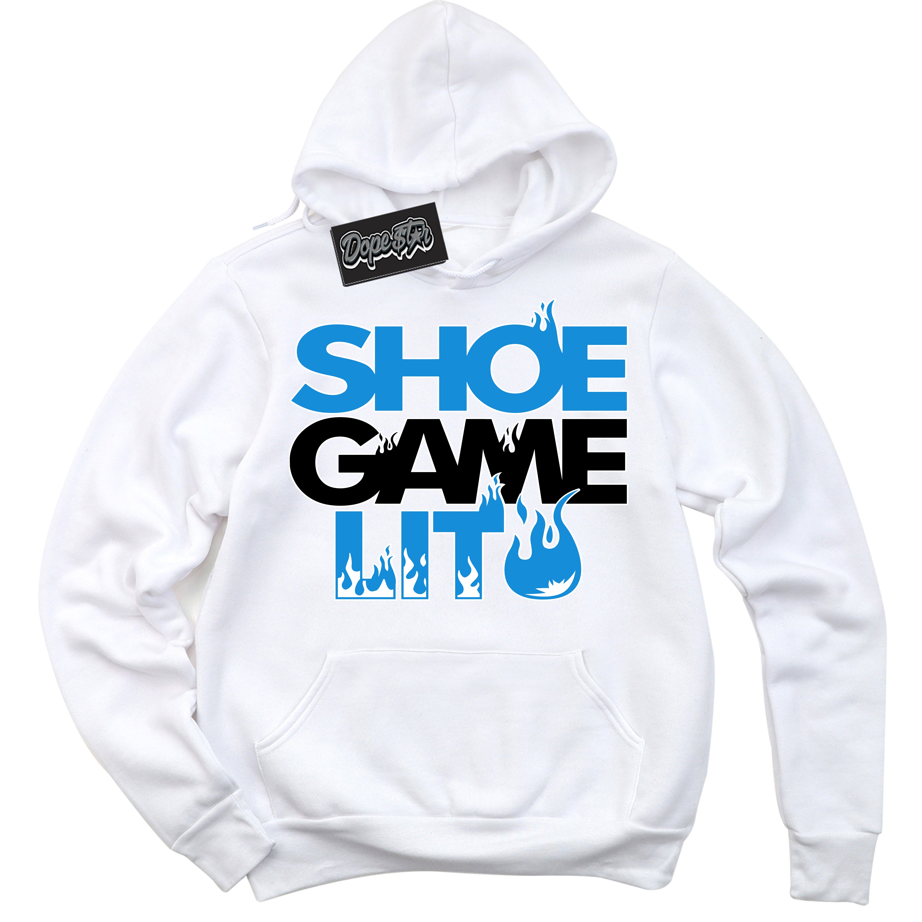 Cool White Hoodie with “ Shoe Game Lit '' design that Perfectly Matches  Powder Blue 9s Sneakers.