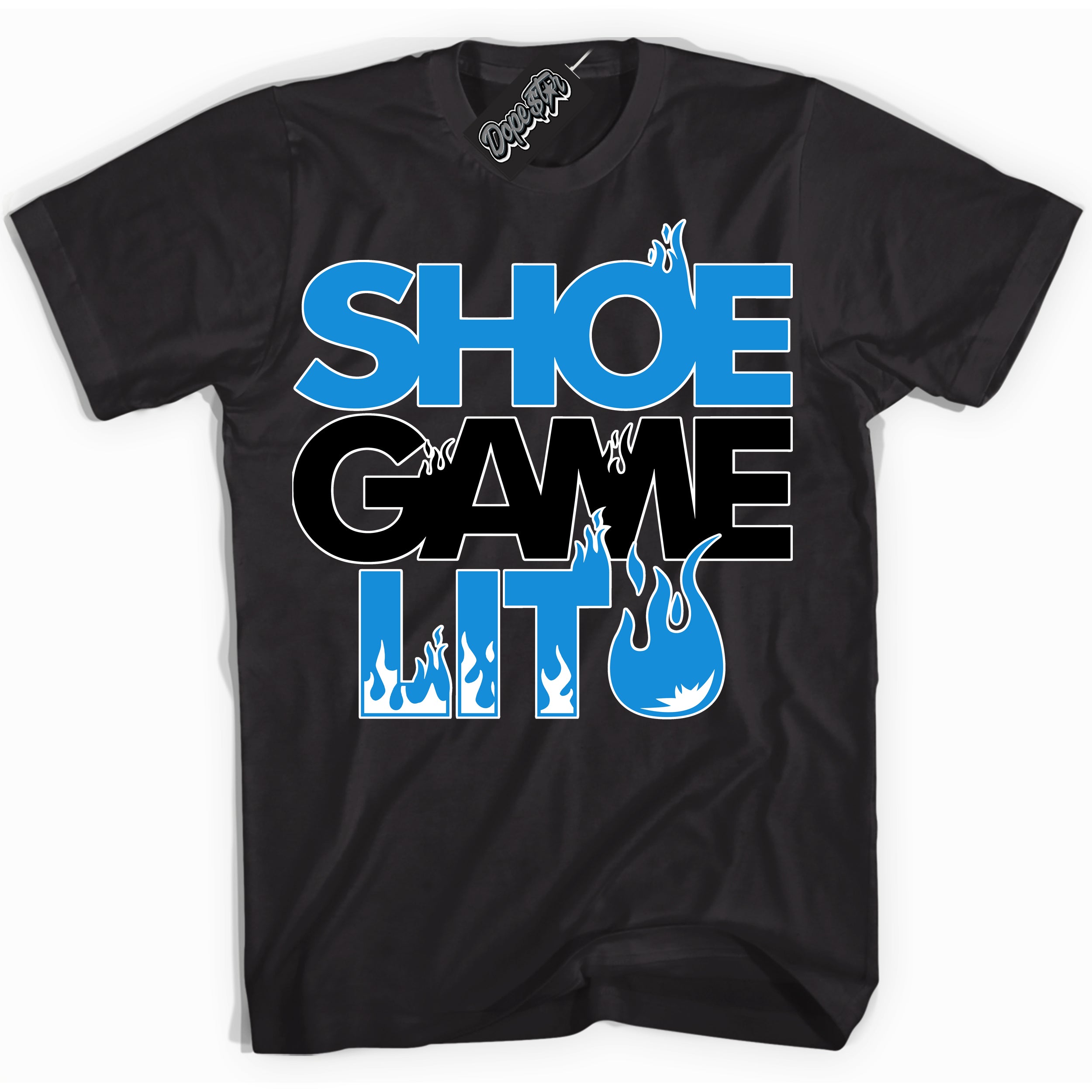 Cool Black Shirt with “ Shoe Game Lit ” design that perfectly matches Powder Blue 9s Sneakers.