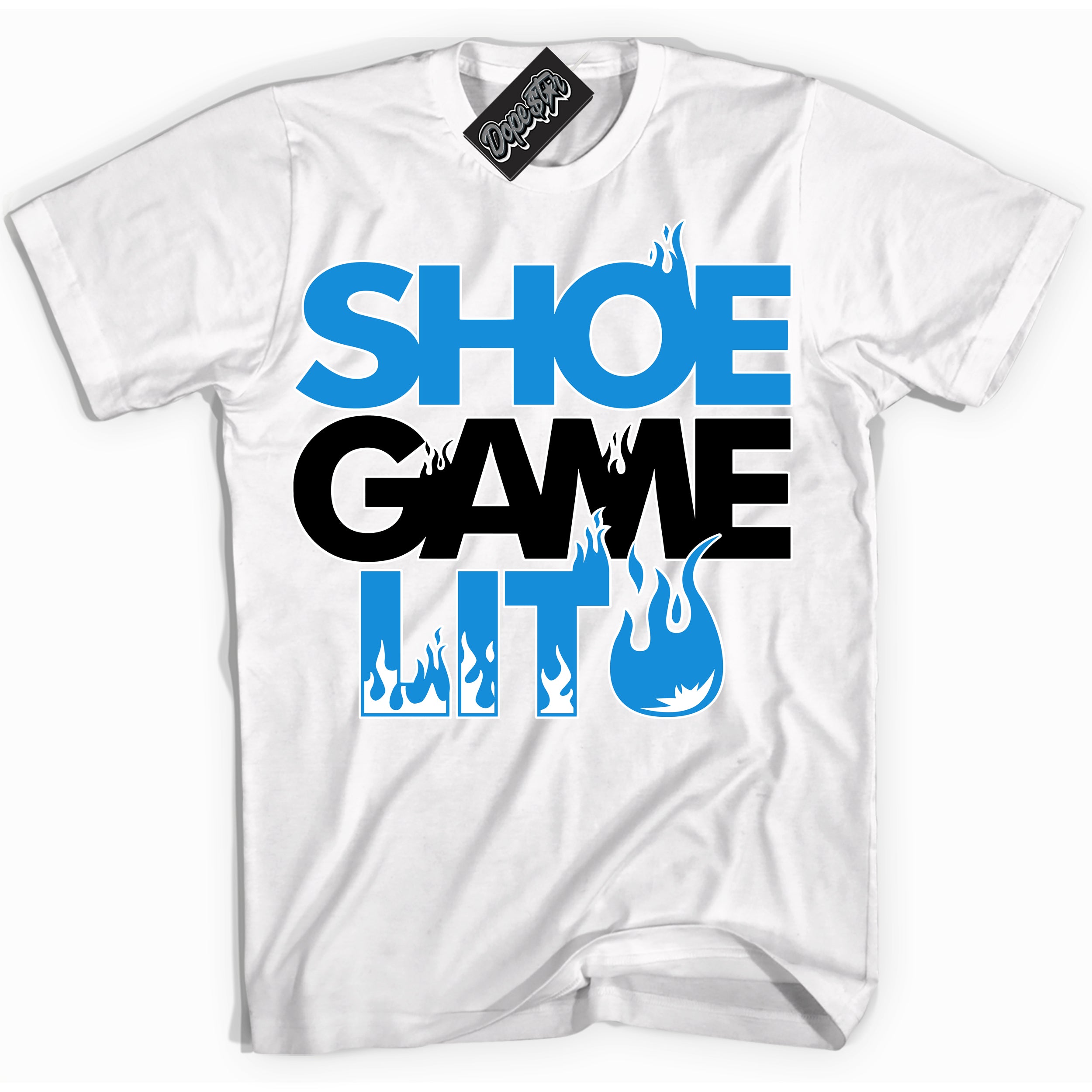 Cool White Shirt with “ Shoe Game Lit ” design that perfectly matches Powder Blue 9s Sneakers.