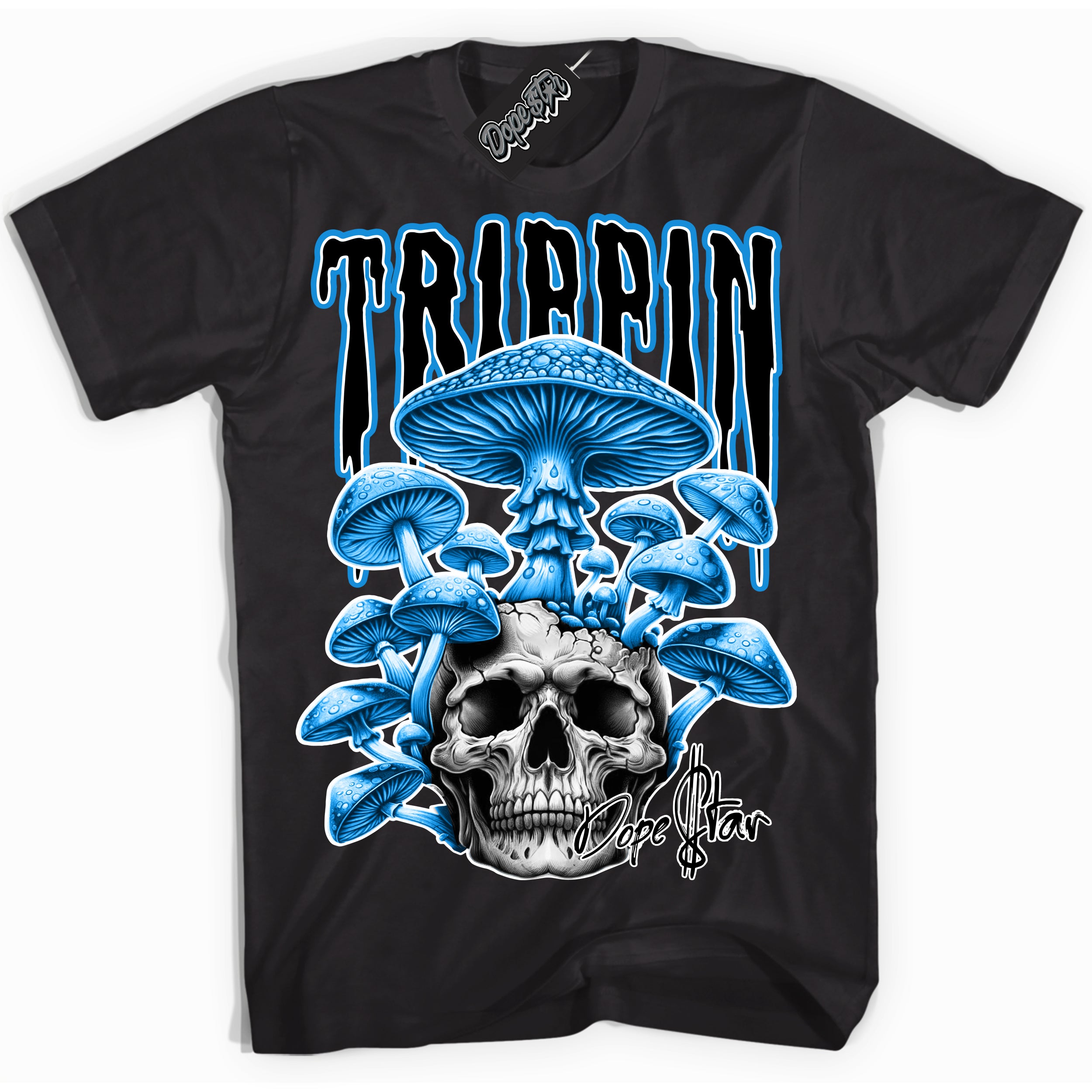 Cool Black Shirt with “ Trippin” design that perfectly matches Powder Blue 9s Sneakers.