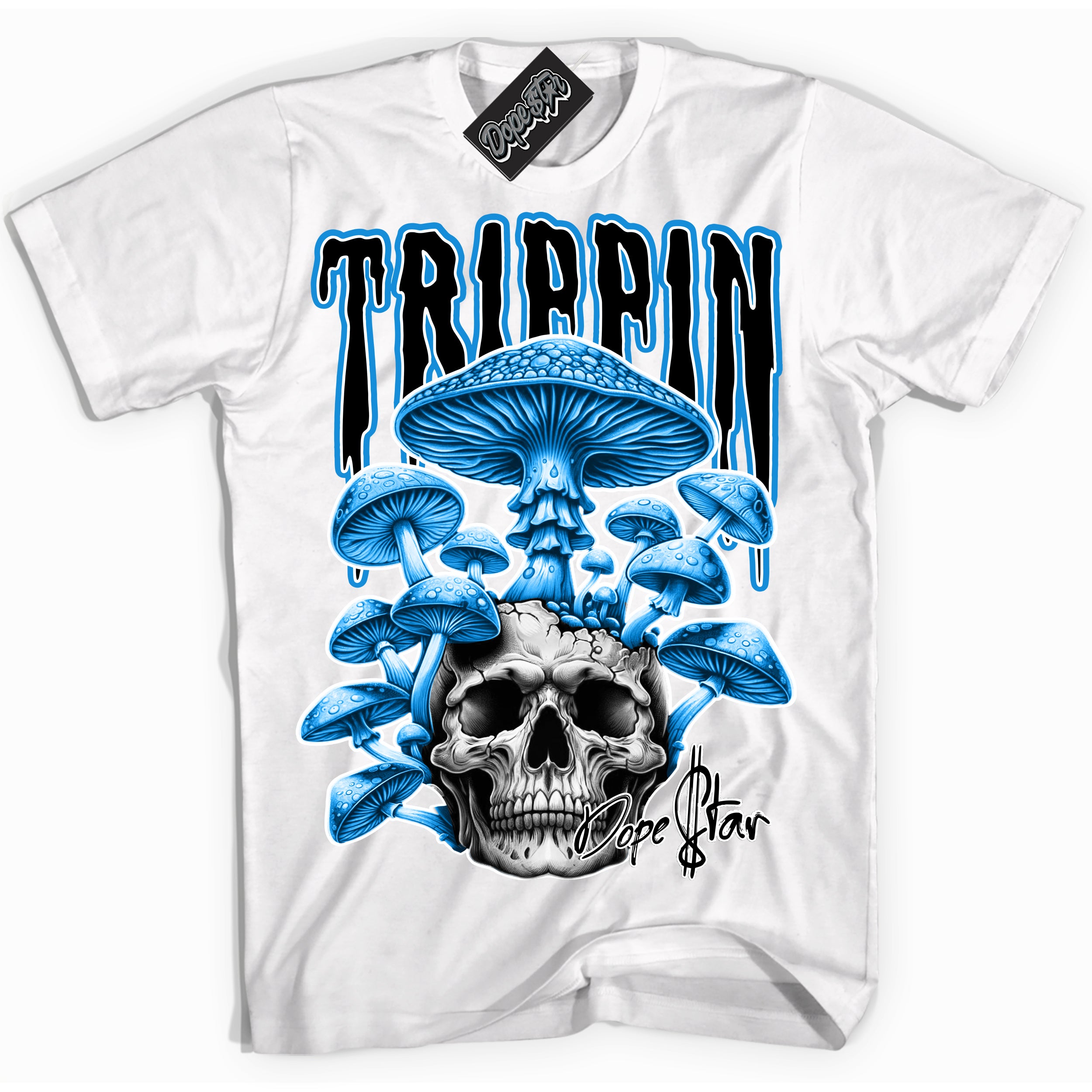 Cool White Shirt with “ Trippin” design that perfectly matches Powder Blue 9s Sneakers.