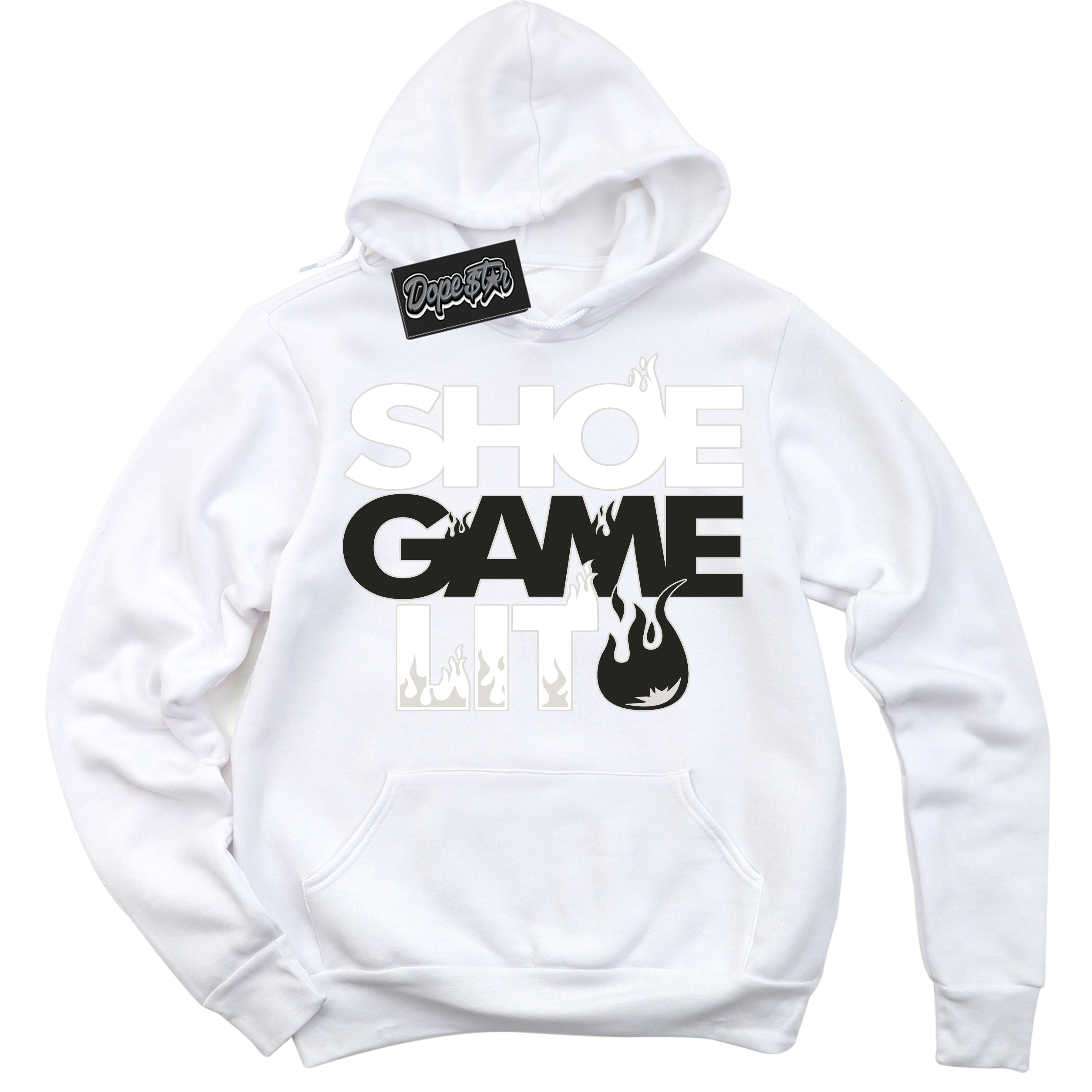 Cool White Hoodie with “ Shoe Game Lit '' design that Perfectly Matches  Stadium 90 Sail Black Sneakers.