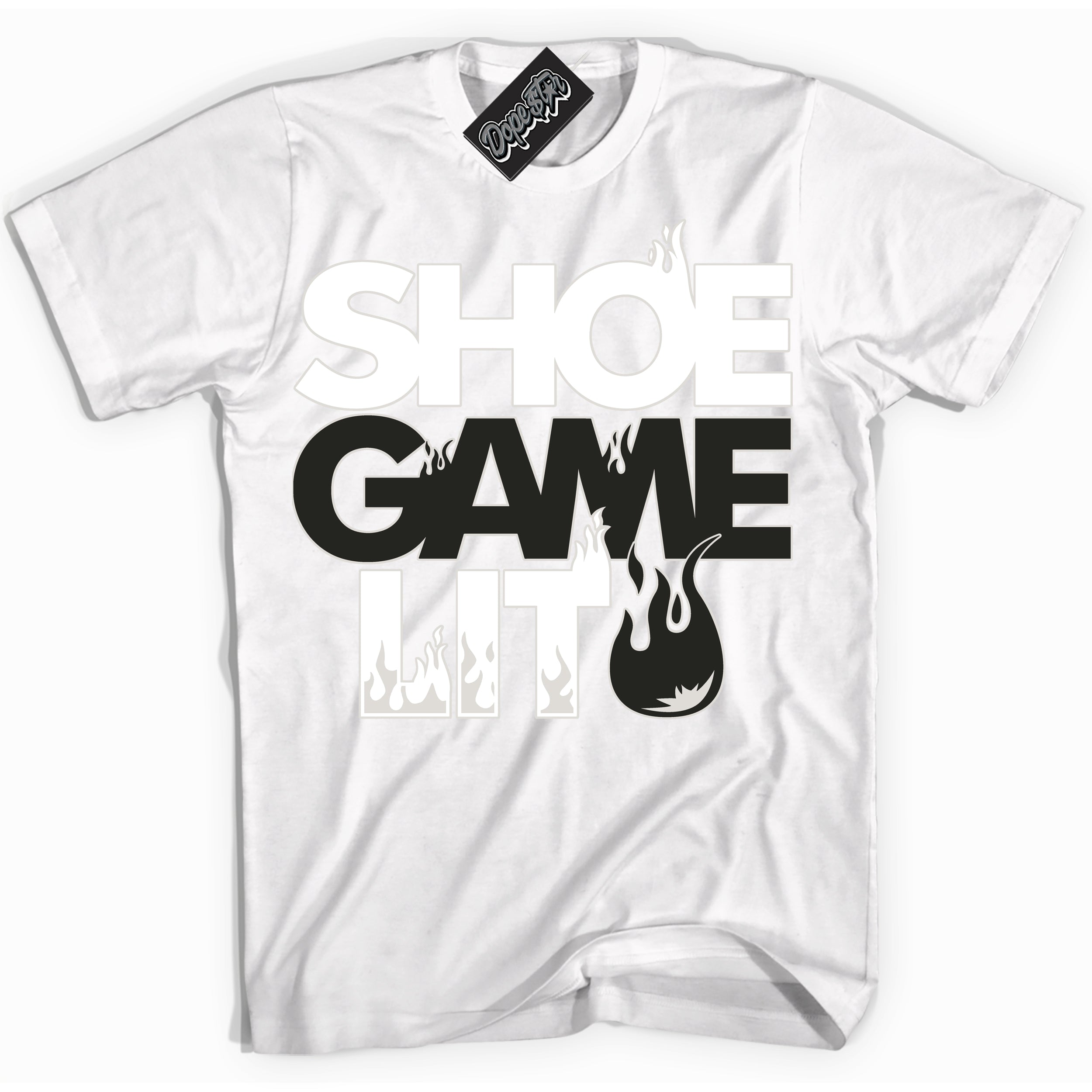 Cool White Shirt with “ Shoe Game Lit ” design that perfectly matches Stadium 90 Sail Black Sneakers.