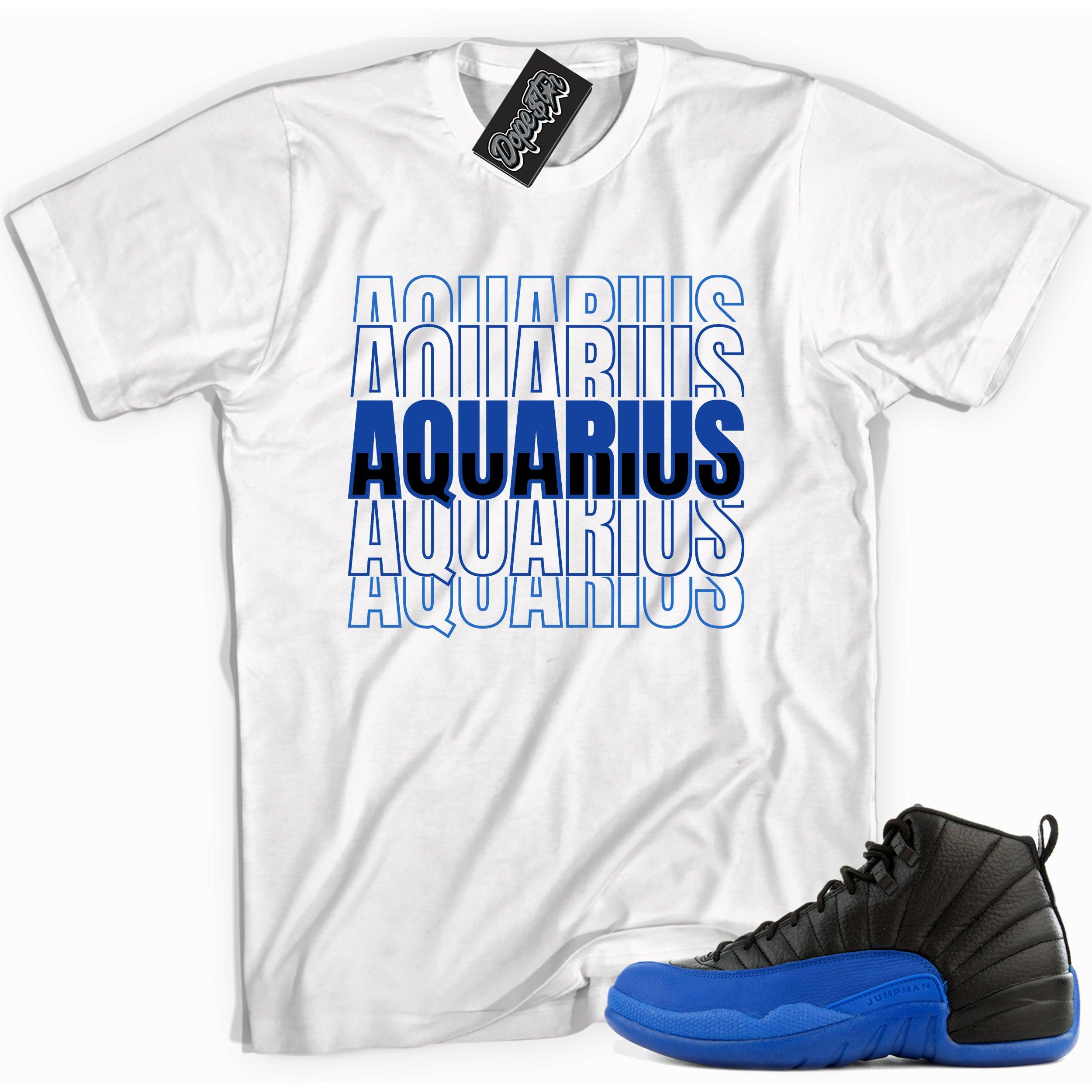 Cool white graphic tee with 'aquarius' print, that perfectly matches Air Jordan 12 Retro Black Game Royal sneakers.