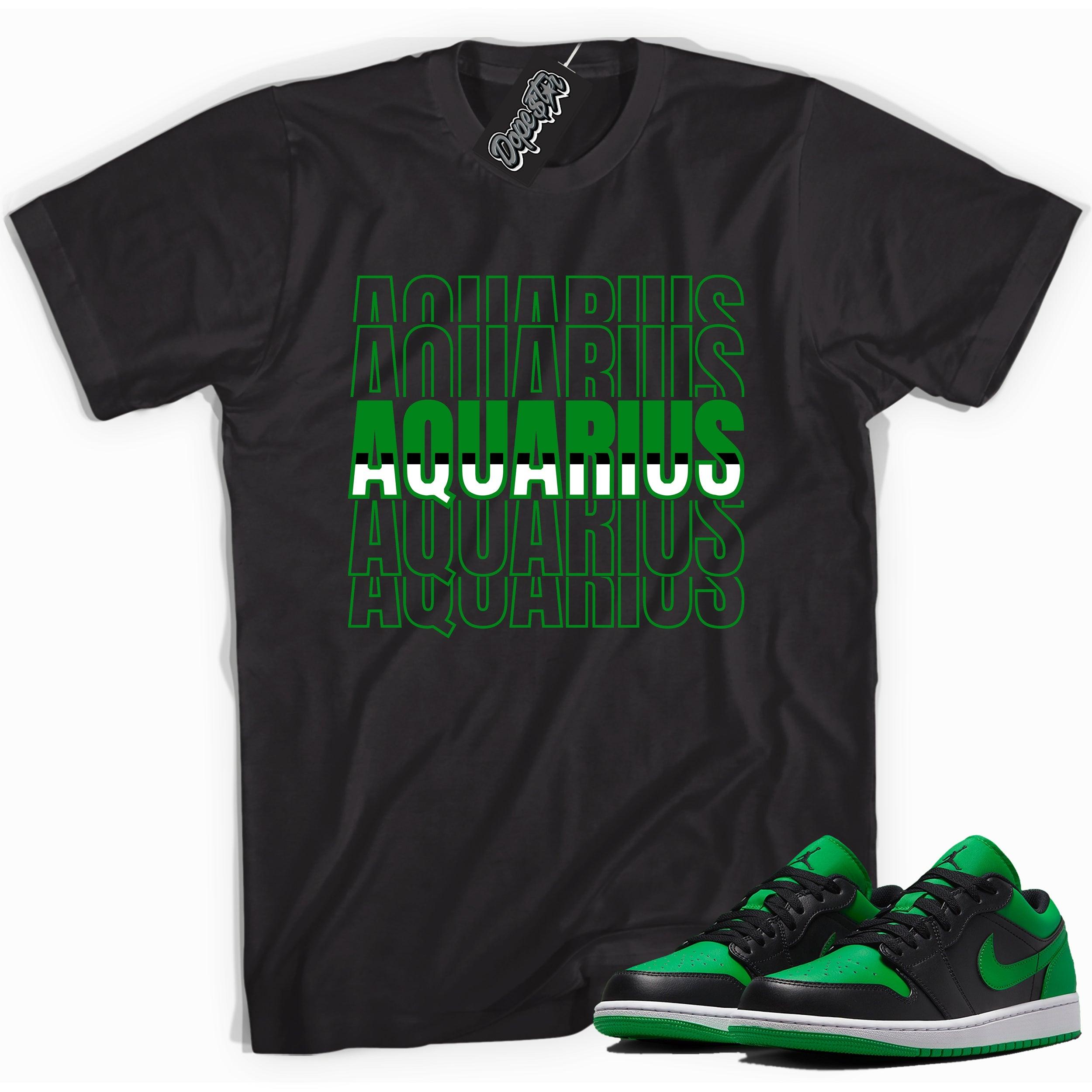 Cool black graphic tee with 'Aquarius' print, that perfectly matches Air Jordan 1 Low Lucky Green sneakers