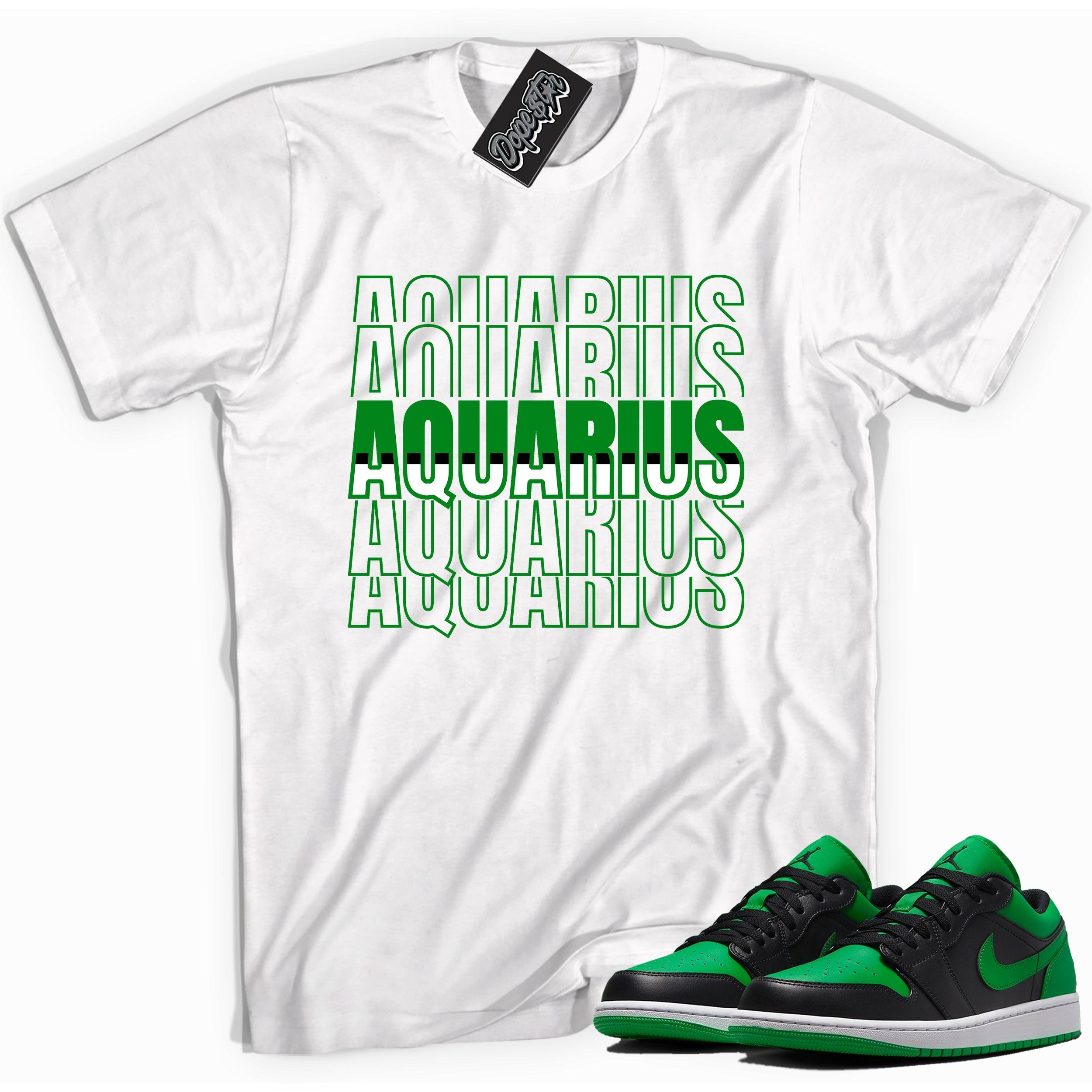 Cool white graphic tee with 'Aquarius' print, that perfectly matches Air Jordan 1 Low Lucky Green sneakers