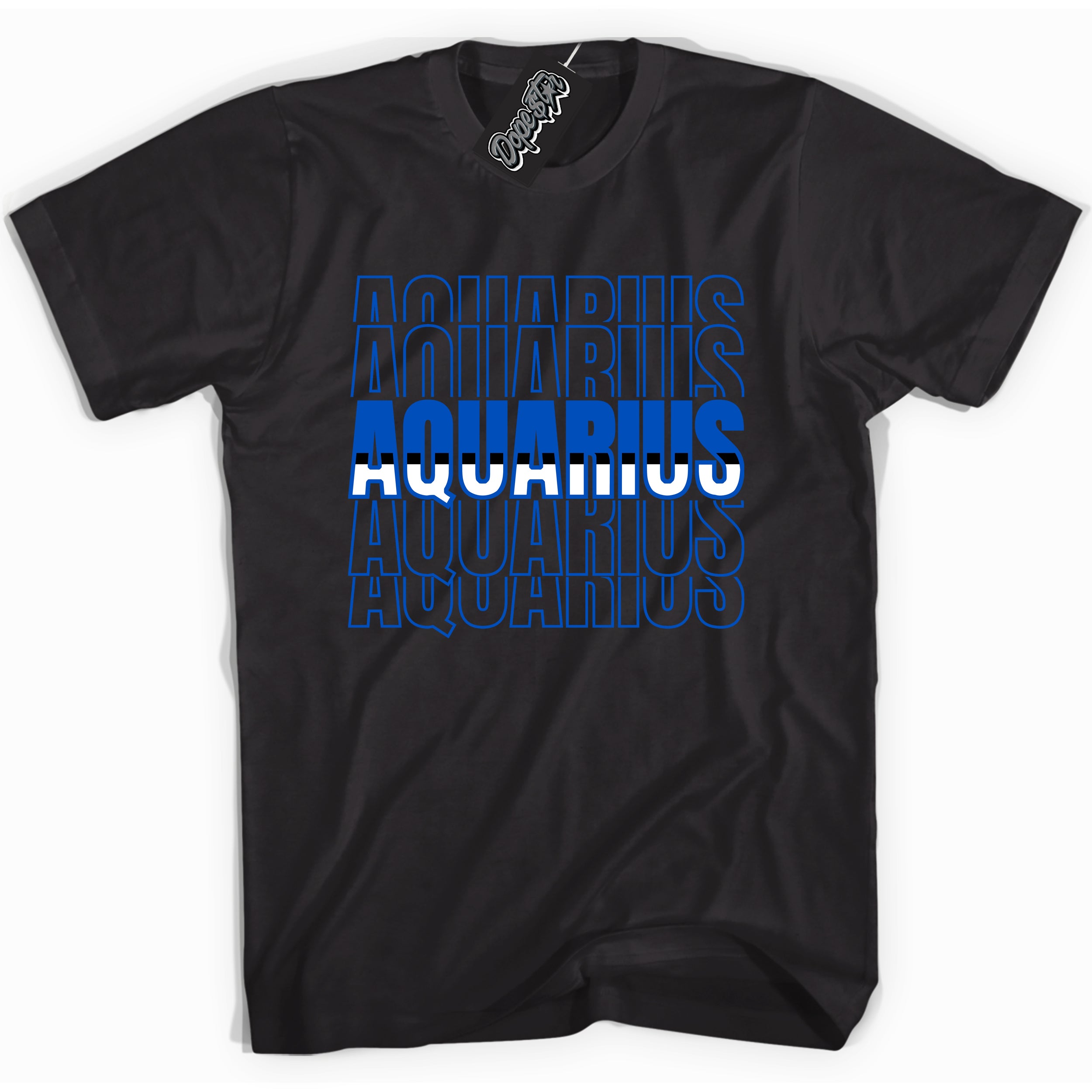 Cool Black graphic tee with "Aquarius" design, that perfectly matches Royal Reimagined 1s sneakers 