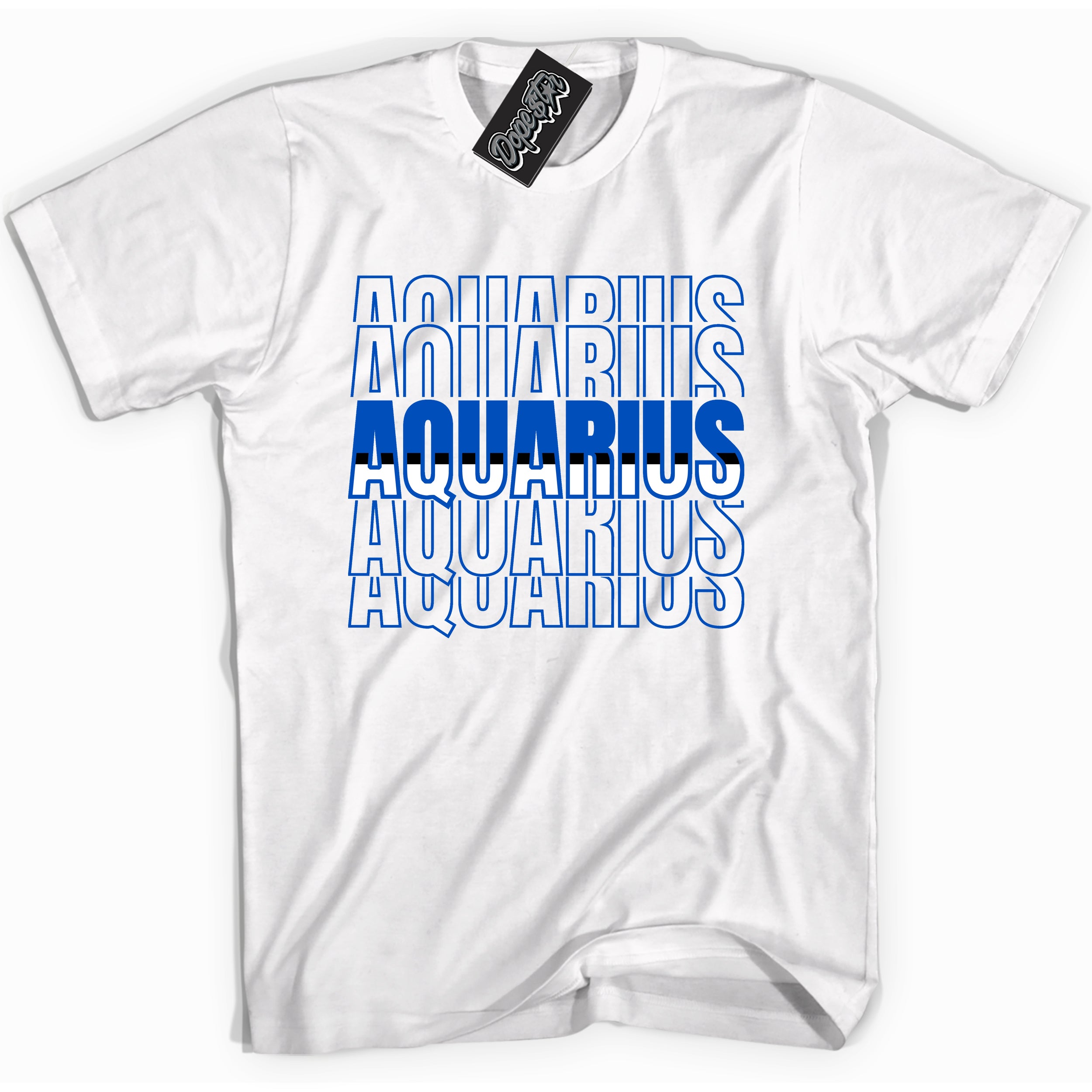 Cool White graphic tee with "Aquarius" design, that perfectly matches Royal Reimagined 1s sneakers 