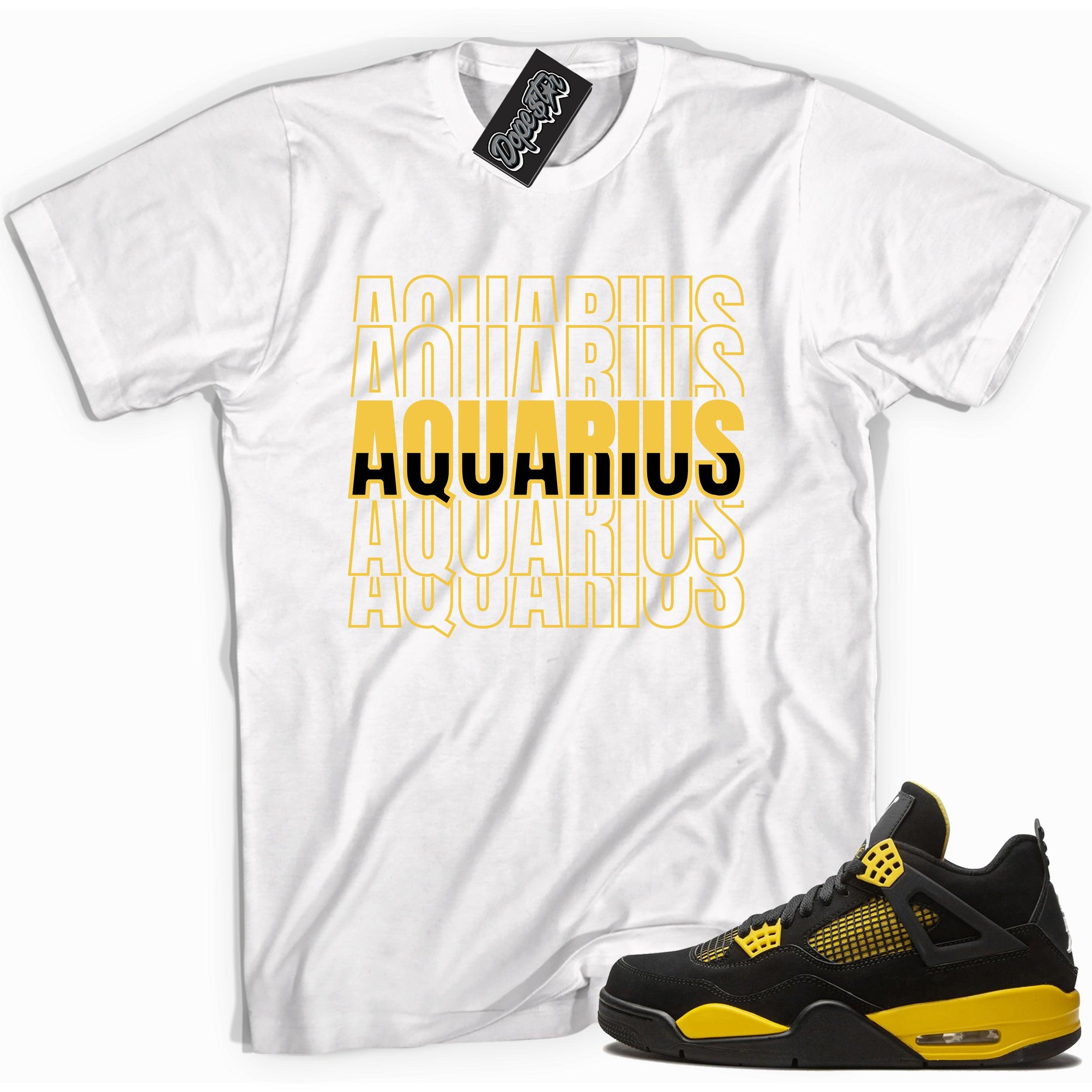 Cool white graphic tee with 'aquarius' print, that perfectly matches Air Jordan 4 Thunder sneakers