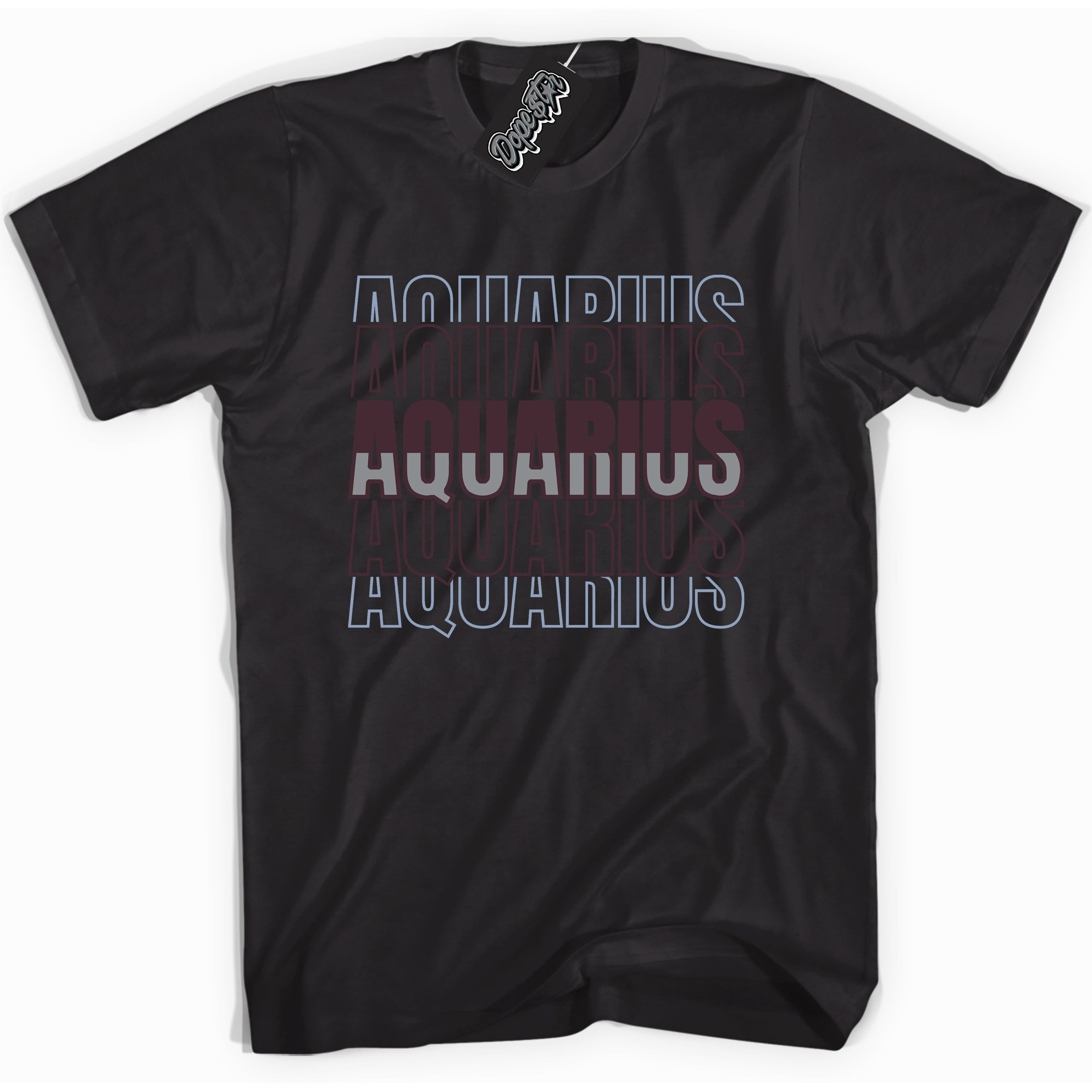 Cool Black Shirt with “ Aquarius” design that perfectly matches Burgundy 5s Sneakers.