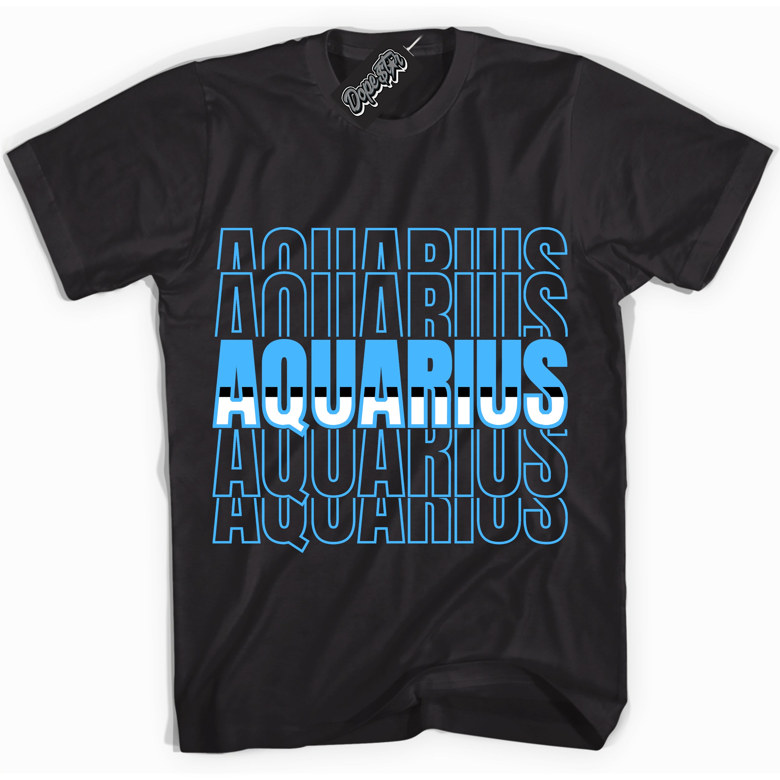 Cool Black graphic tee with “ Aquarius ” design, that perfectly matches Powder Blue 9s sneakers 