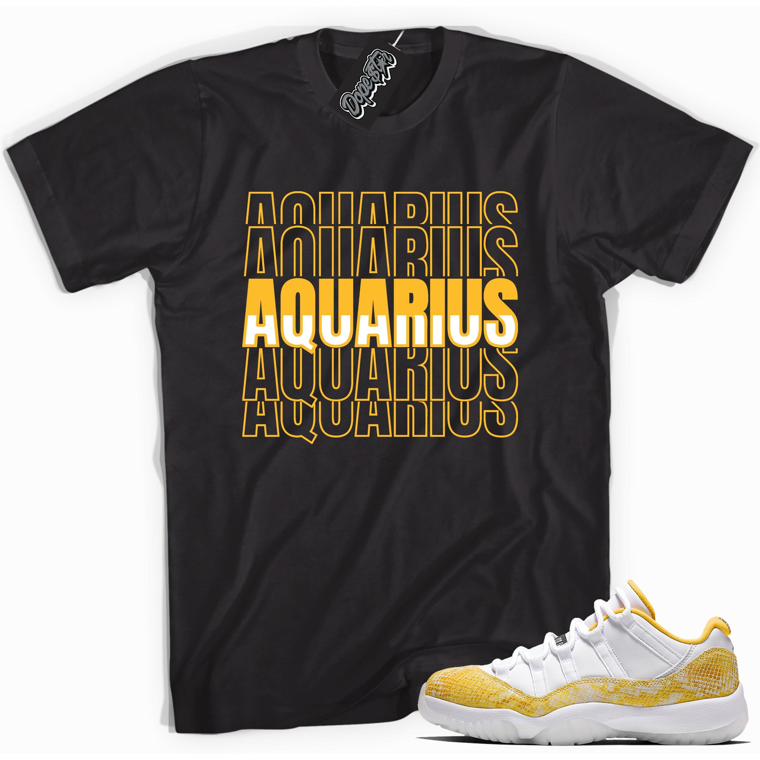 Cool black graphic tee with 'aquarius' print, that perfectly matches  Air Jordan 11 Retro Low Yellow Snakeskin sneakers