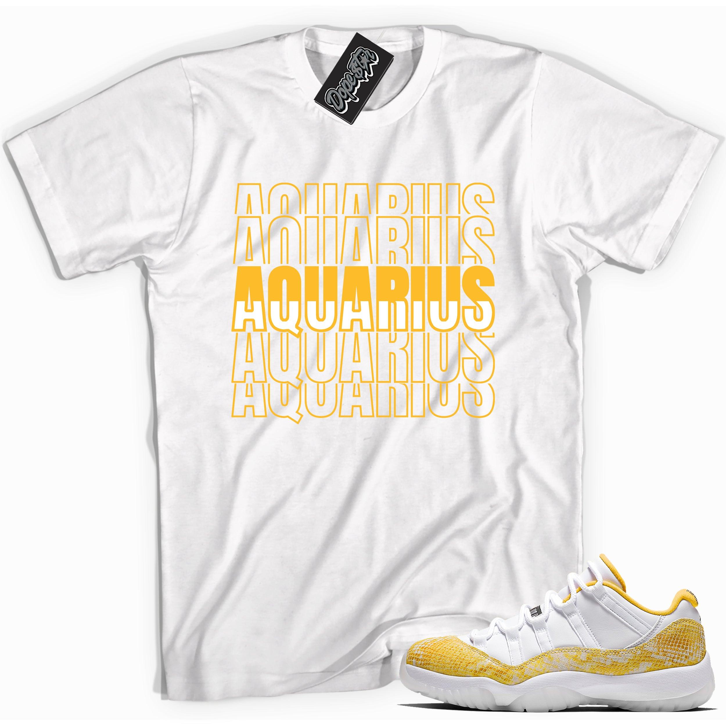 Cool white graphic tee with 'aquarius' print, that perfectly matches Air Jordan 11 Retro Low Yellow Snakeskin sneakers