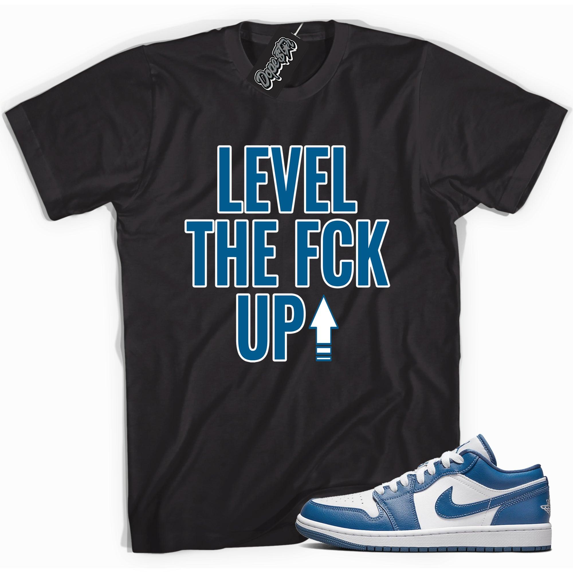Cool black graphic tee with 'Level Up' print, that perfectly matches Air Jordan 1 1 Low Marina Blue sneakers.