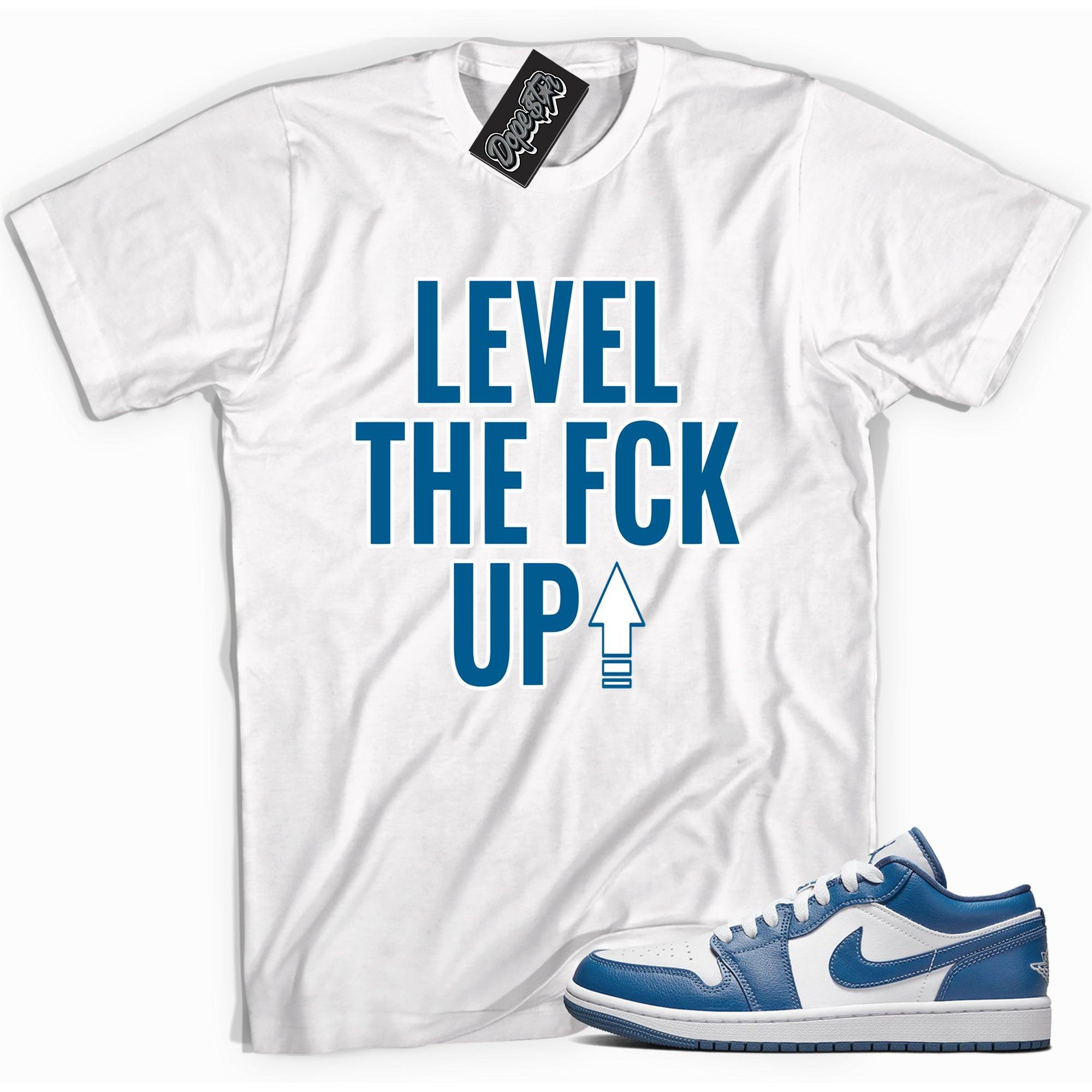 Cool white graphic tee with 'Level Up' print, that perfectly matches Air Jordan 1 1 Low Marina Blue sneakers.