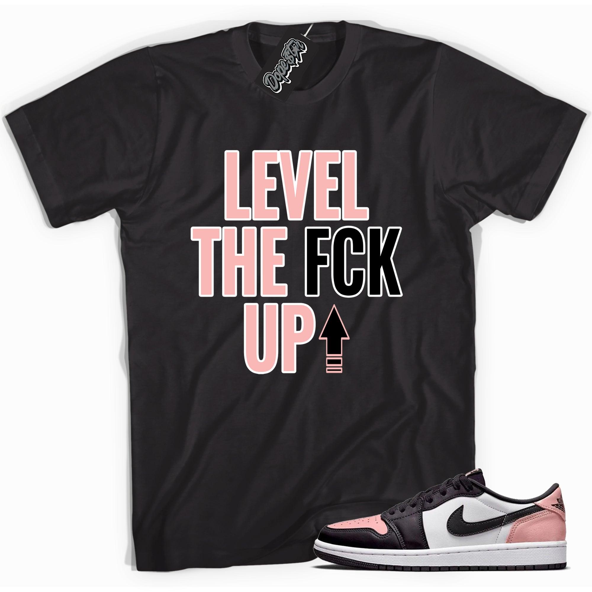 Cool black graphic tee with 'Level Up' print, that perfectly matches Air Jordan 1 Bleached Coral sneakers.