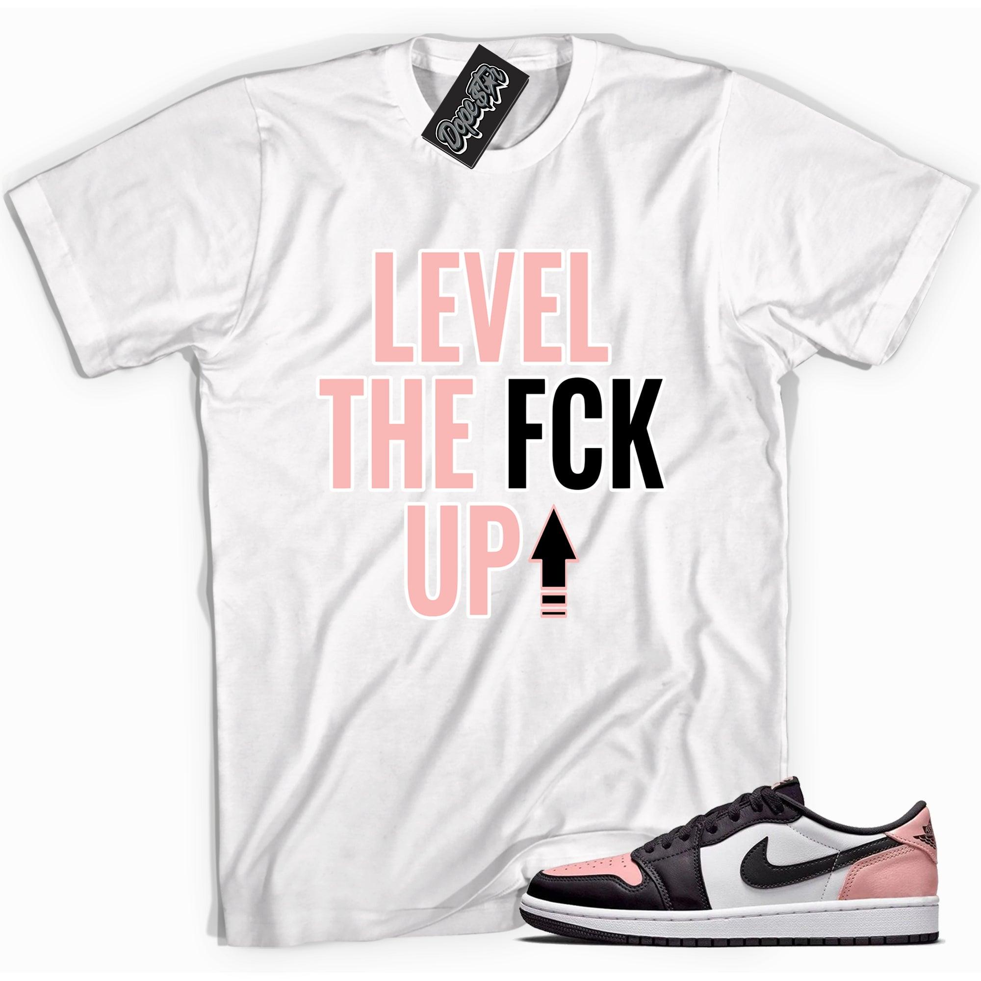 Cool white graphic tee with 'Level Up' print, that perfectly matches Air Jordan 1 Bleached Coral sneakers.