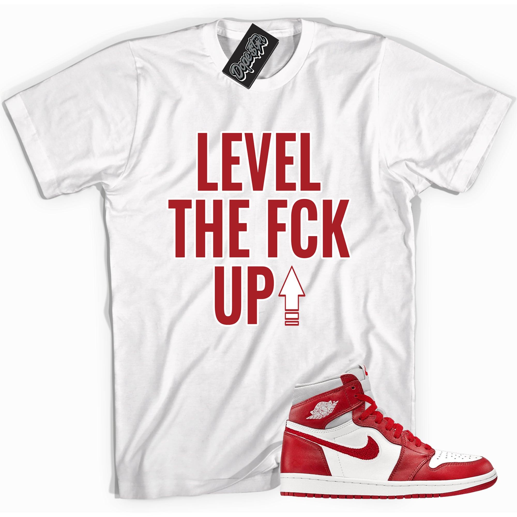 Cool white graphic tee with 'Level Up' print, that perfectly matches Air Jordan 1 High OG Newstalgia Chenille sneakers.