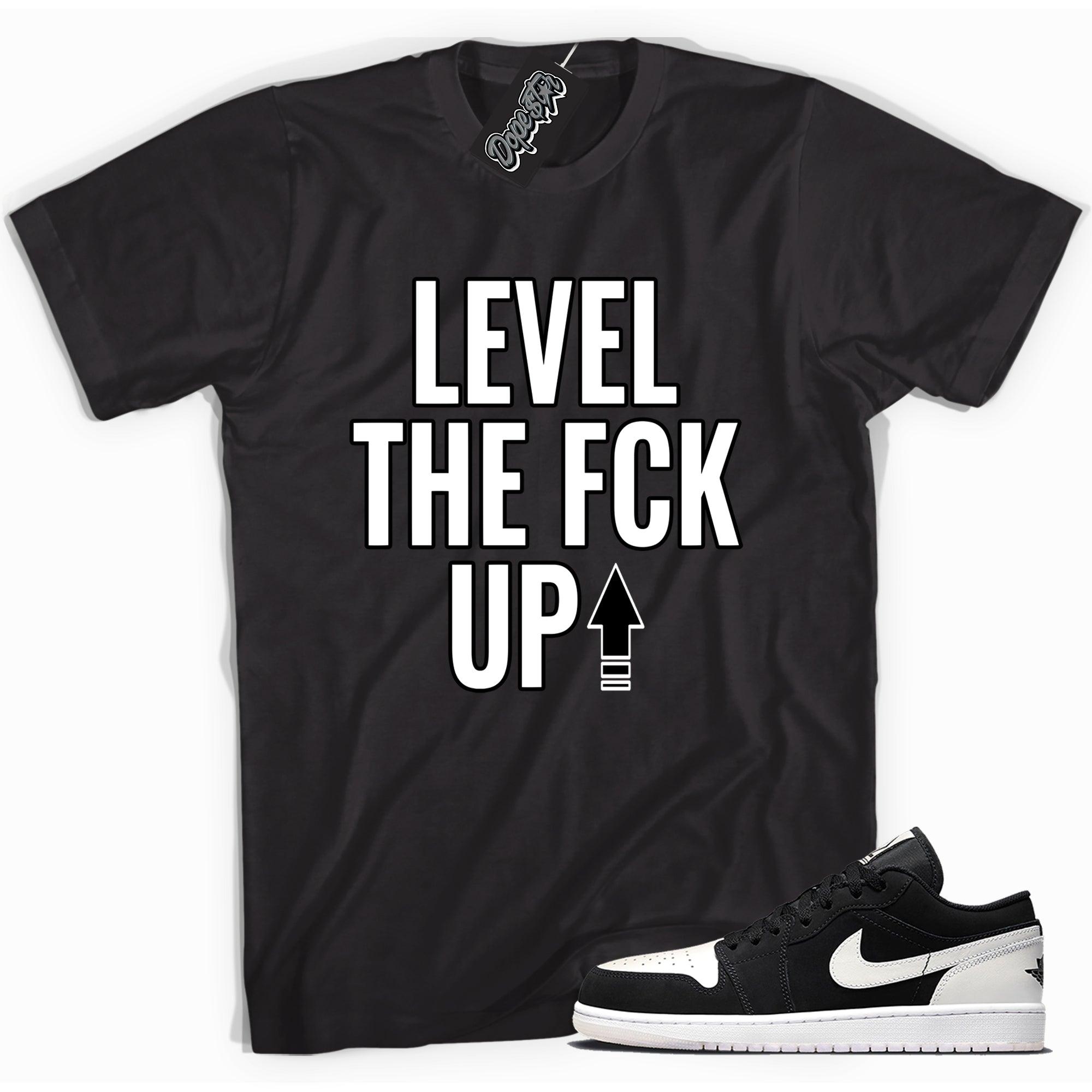 Cool black graphic tee with 'level up' print, that perfectly matches Air Jordan 1 Low Diamond sneakers.