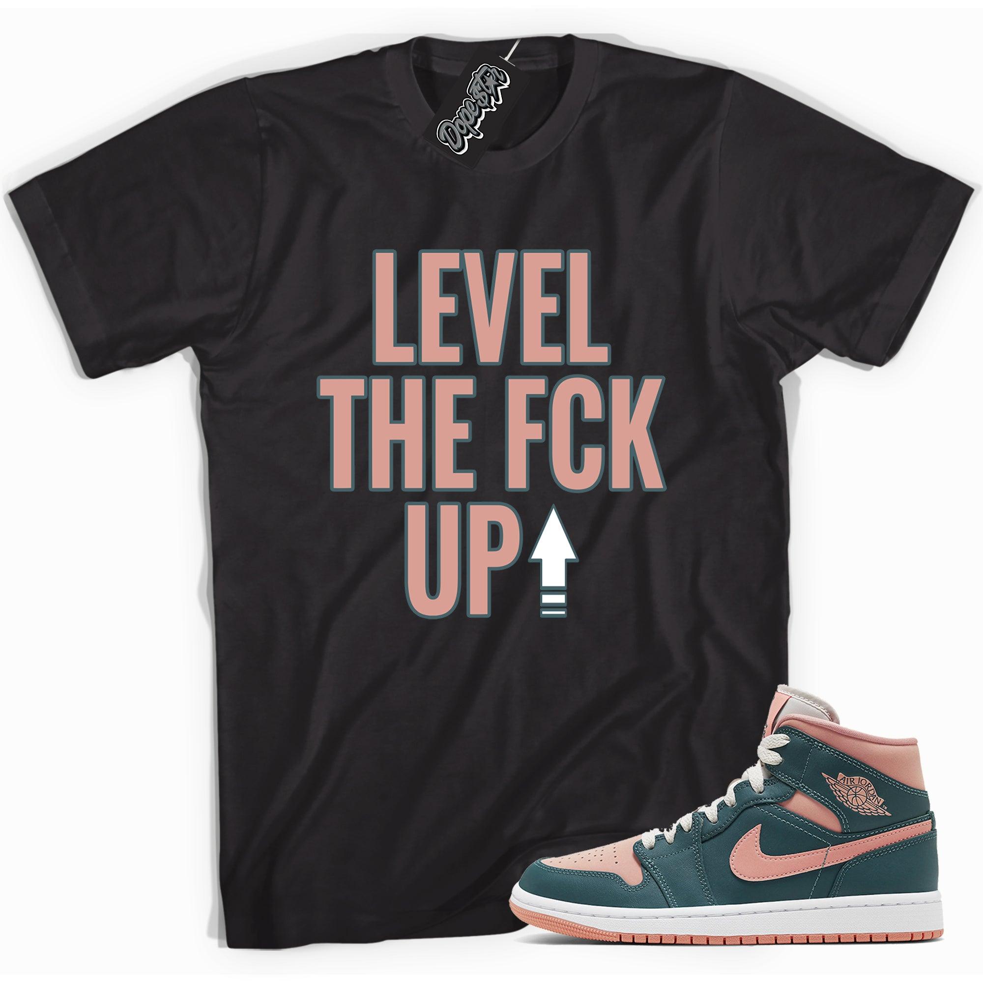 Cool black graphic tee with 'Level Up' print, that perfectly matches Air Jordan 1 Mid Dark Teal Green Toe sneakers.