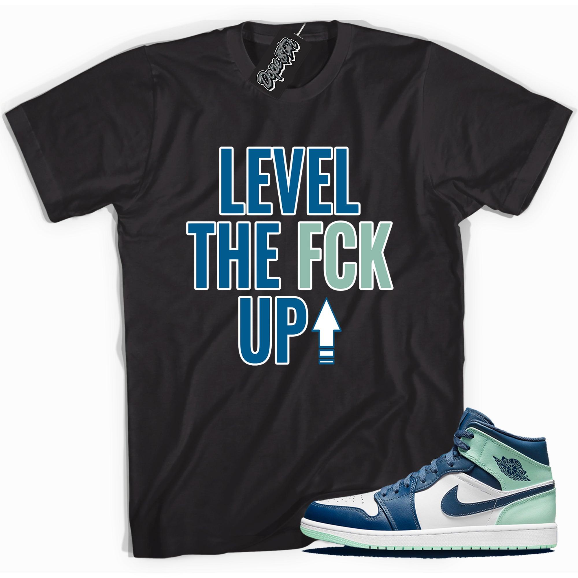 Cool black graphic tee with 'Level Up' print, that perfectly matches Air Jordan 1 Mid Mystic Navy Mint Foam sneakers.