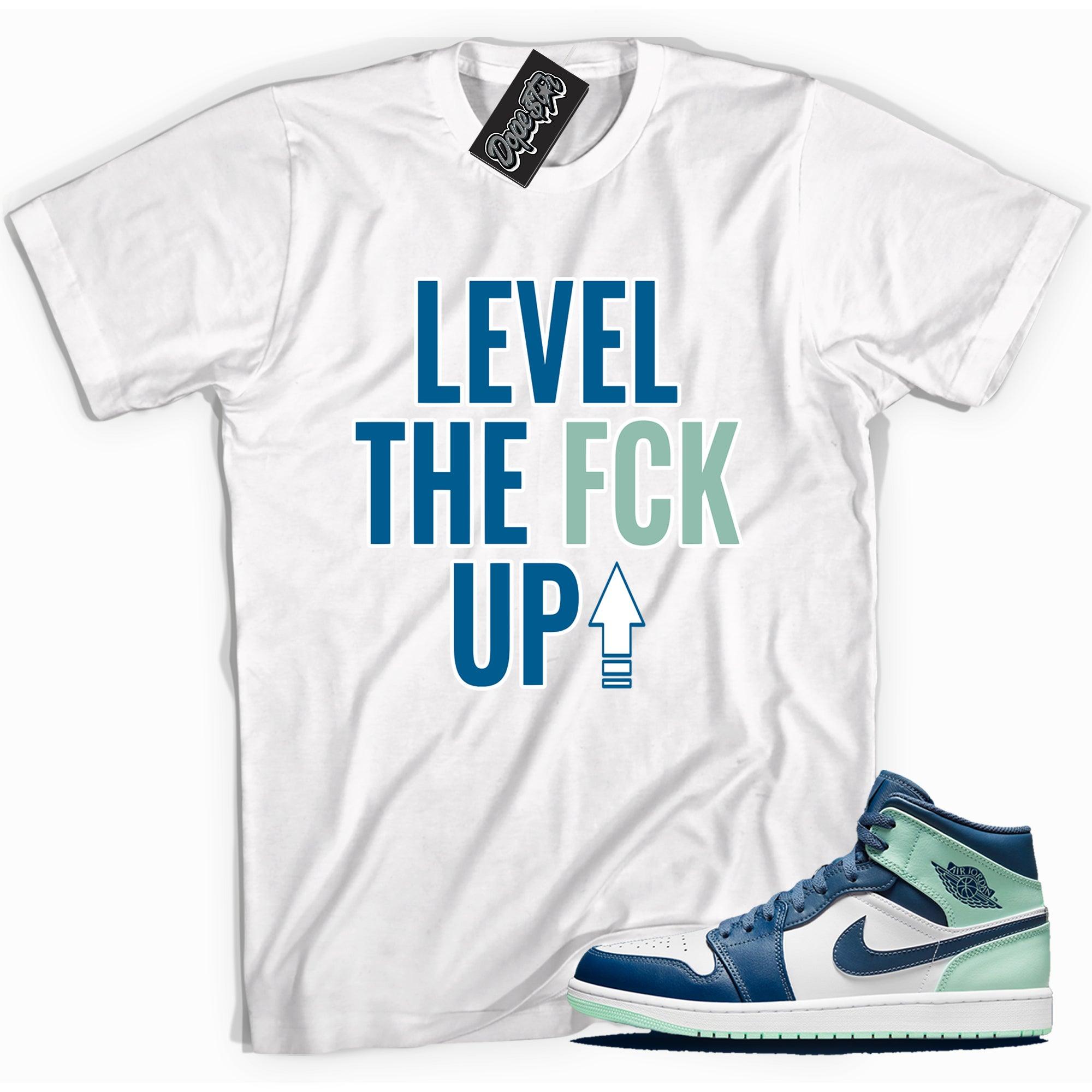 Cool white graphic tee with 'Level Up' print, that perfectly matches Air Jordan 1 Mid Mystic Navy Mint Foam sneakers.