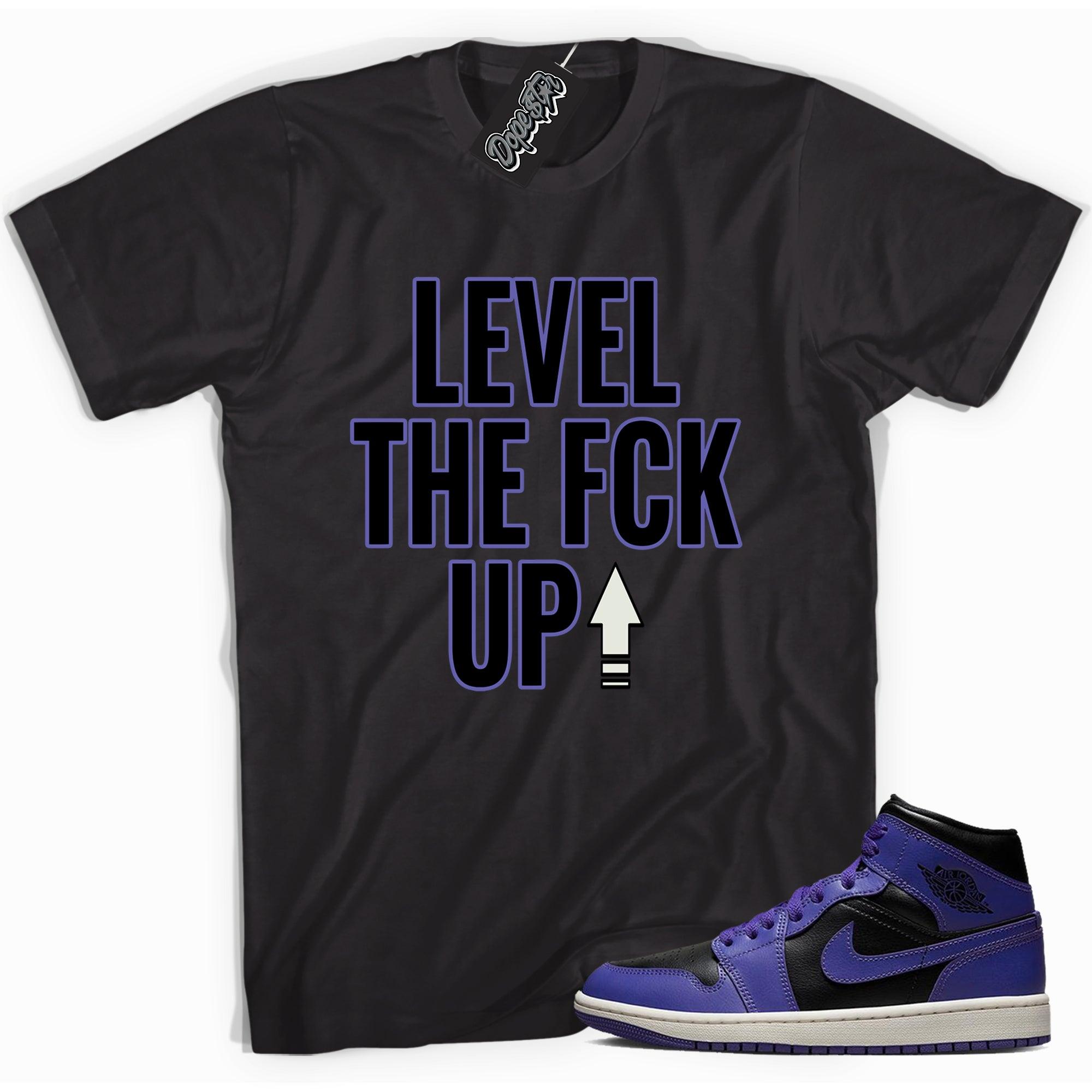 Cool black graphic tee with 'level up' print, that perfectly matches Air Jordan 1 Mid Purple Black sneakers.