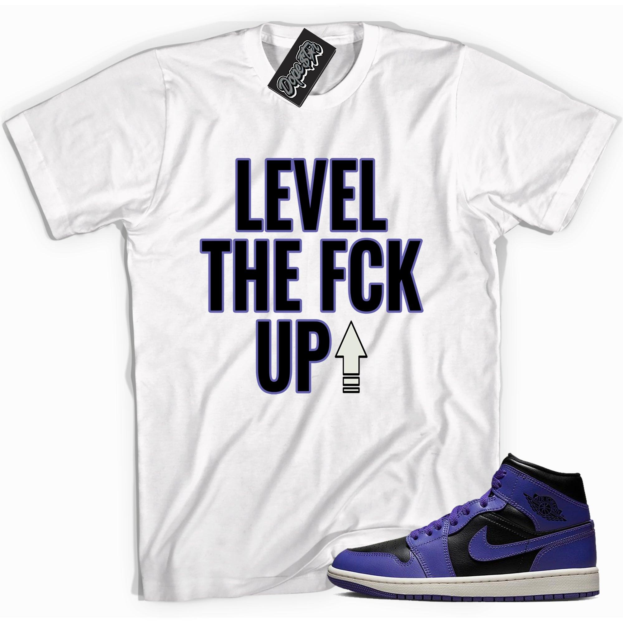Cool white graphic tee with 'level up' print, that perfectly matches Air Jordan 1 Mid Purple Black sneakers.