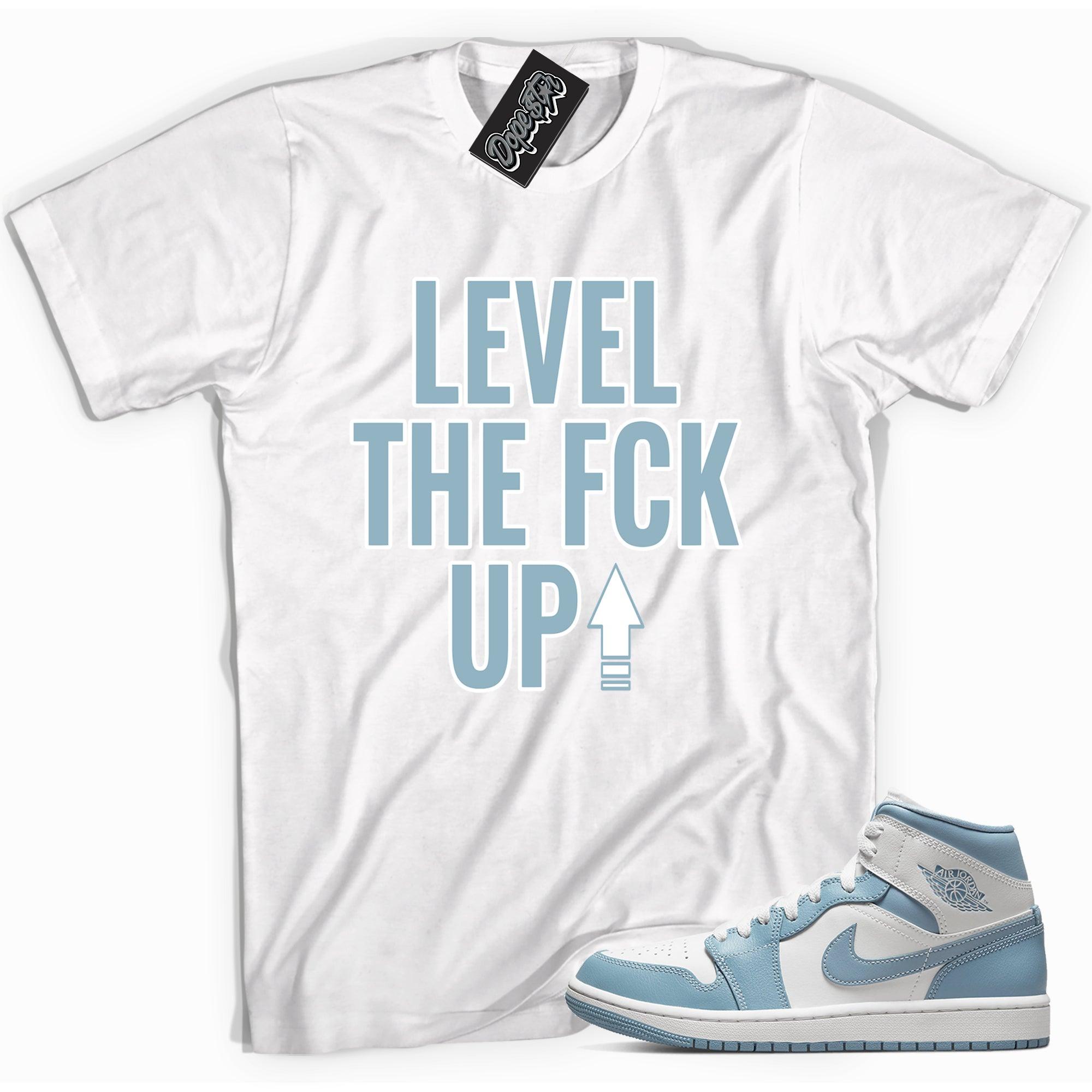 Cool white graphic tee with 'Level Up' print, that perfectly matches Air Jordan 1 Mid UNC sneakers.