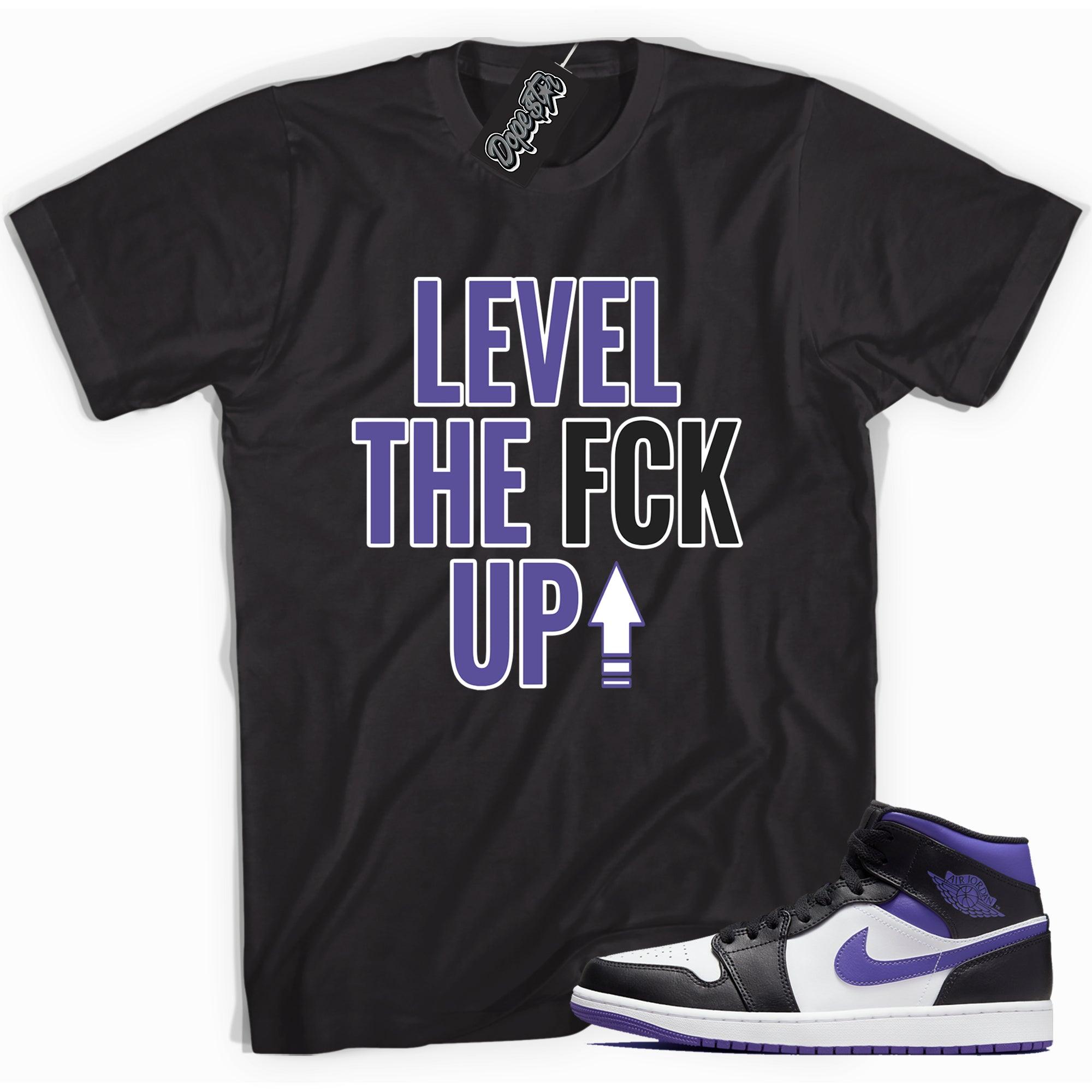 Cool black graphic tee with 'Level Up' print, that perfectly matches Air Jordan 1 Mid White Black Purple sneakers.