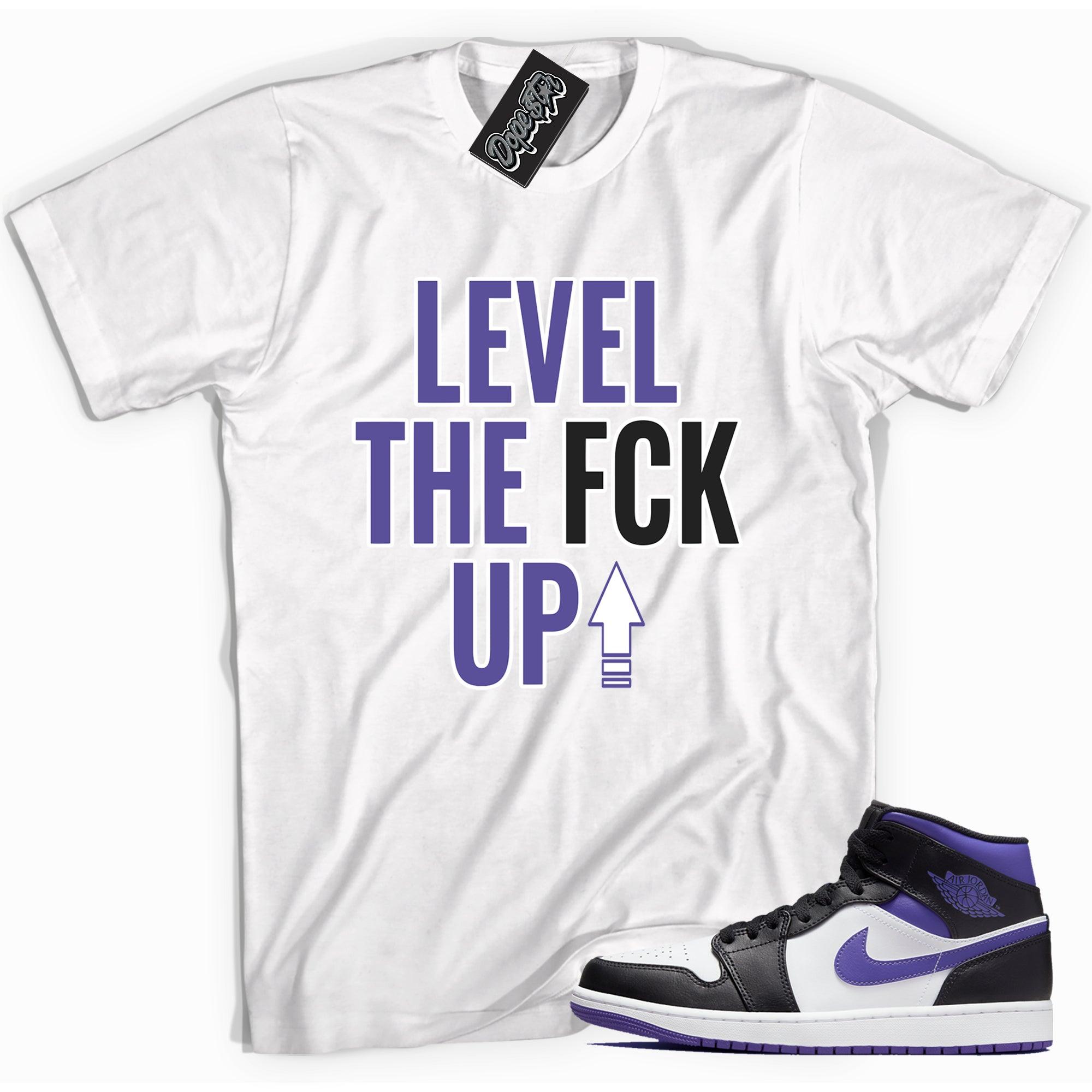Cool white graphic tee with 'Level Up' print, that perfectly matches Air Jordan 1 Mid White Black Purple sneakers.