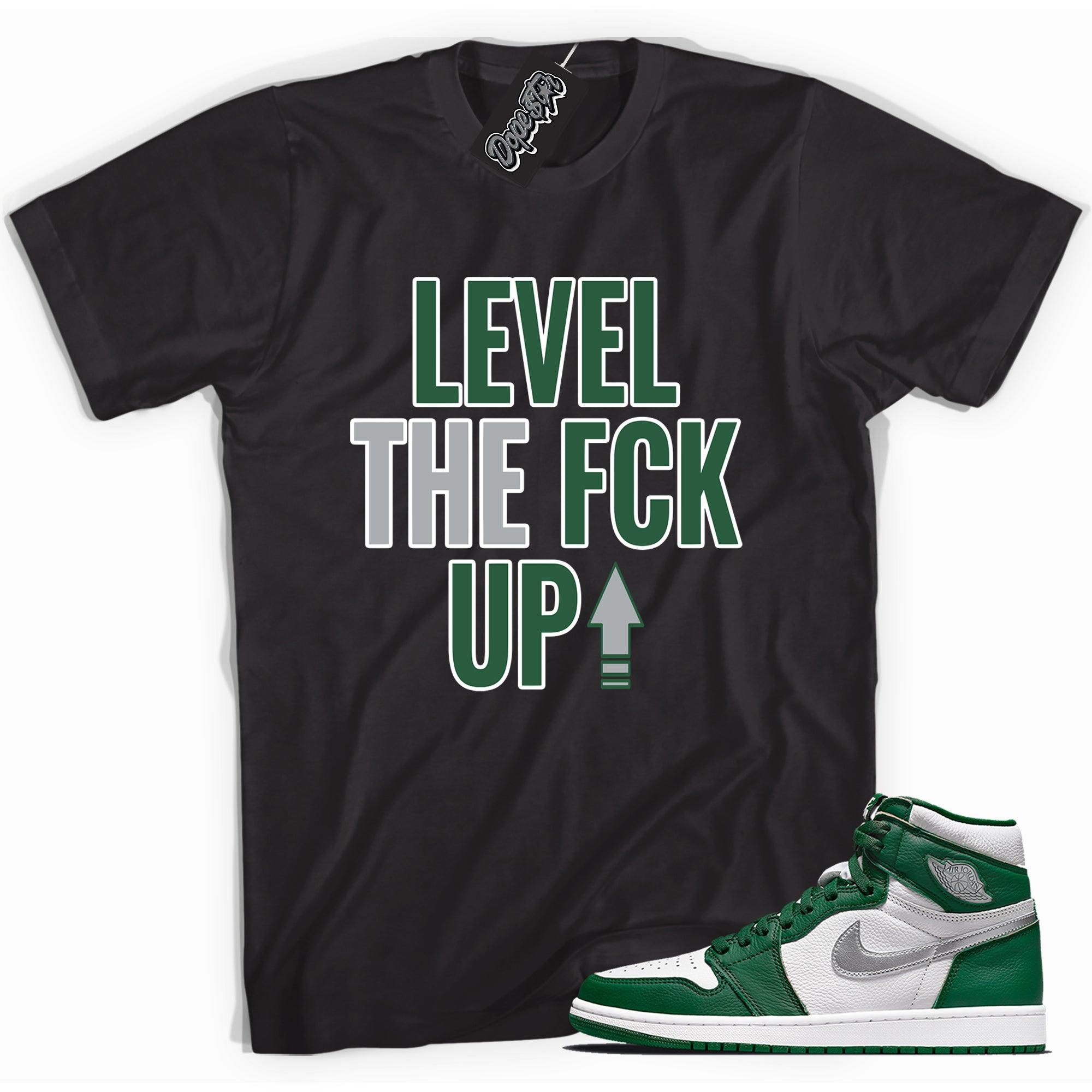 Cool black graphic tee with 'Level Up' print, that perfectly matches Air Jordan 1 Retro High OG Gorge Green sneakers.