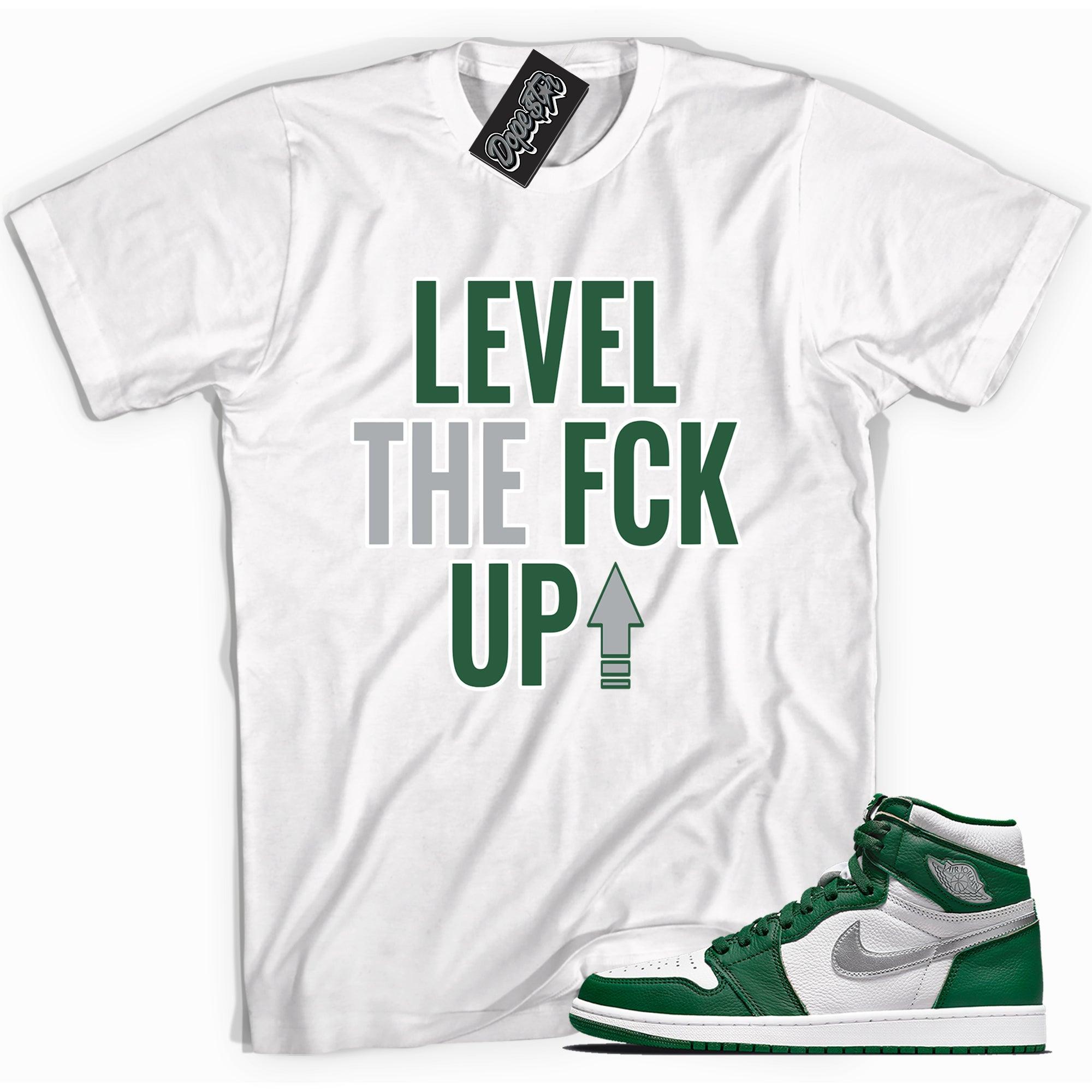 Cool white graphic tee with 'Level Up' print, that perfectly matches Air Jordan 1 Retro High OG Gorge Green sneakers.
