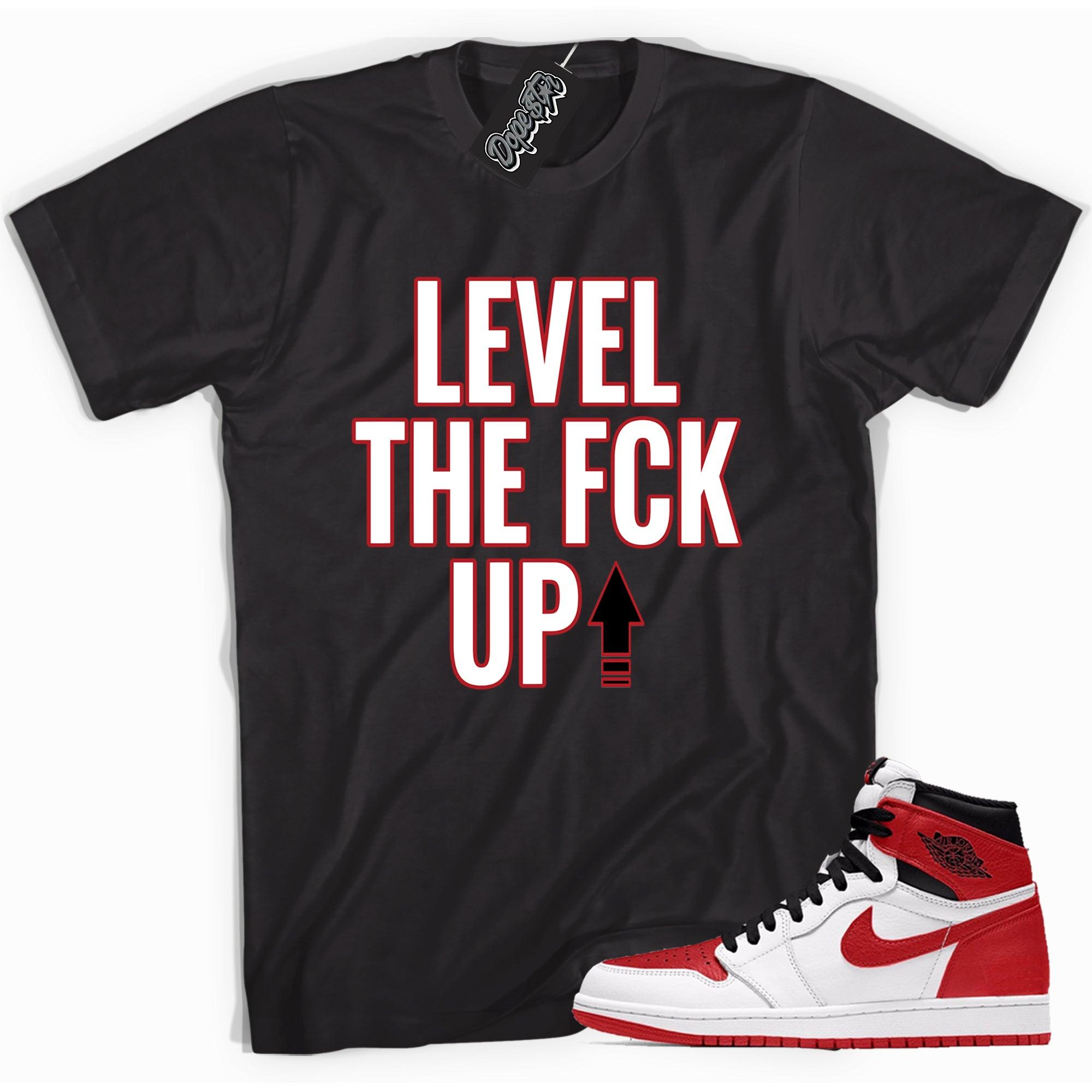 Cool black graphic tee with 'Level Up' print, that perfectly matches Air Jordan 1 Retro High OG Heritage Toe sneakers.