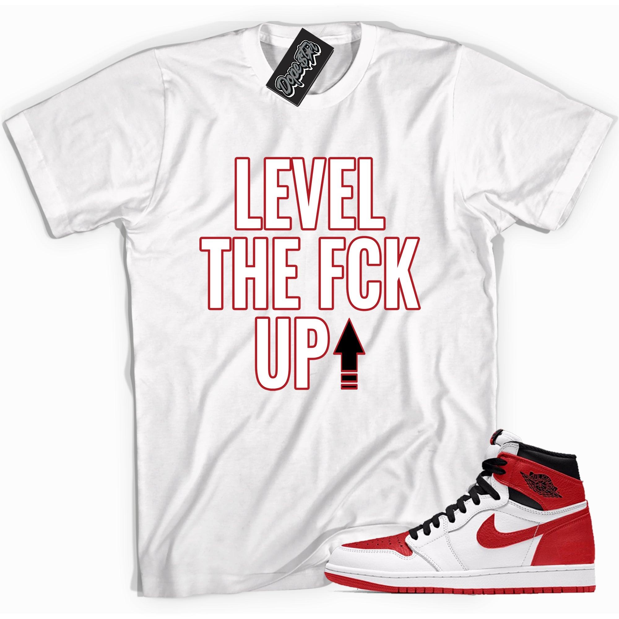 Cool white graphic tee with 'Level Up' print, that perfectly matches Air Jordan 1 Retro High OG Heritage Toe sneakers.