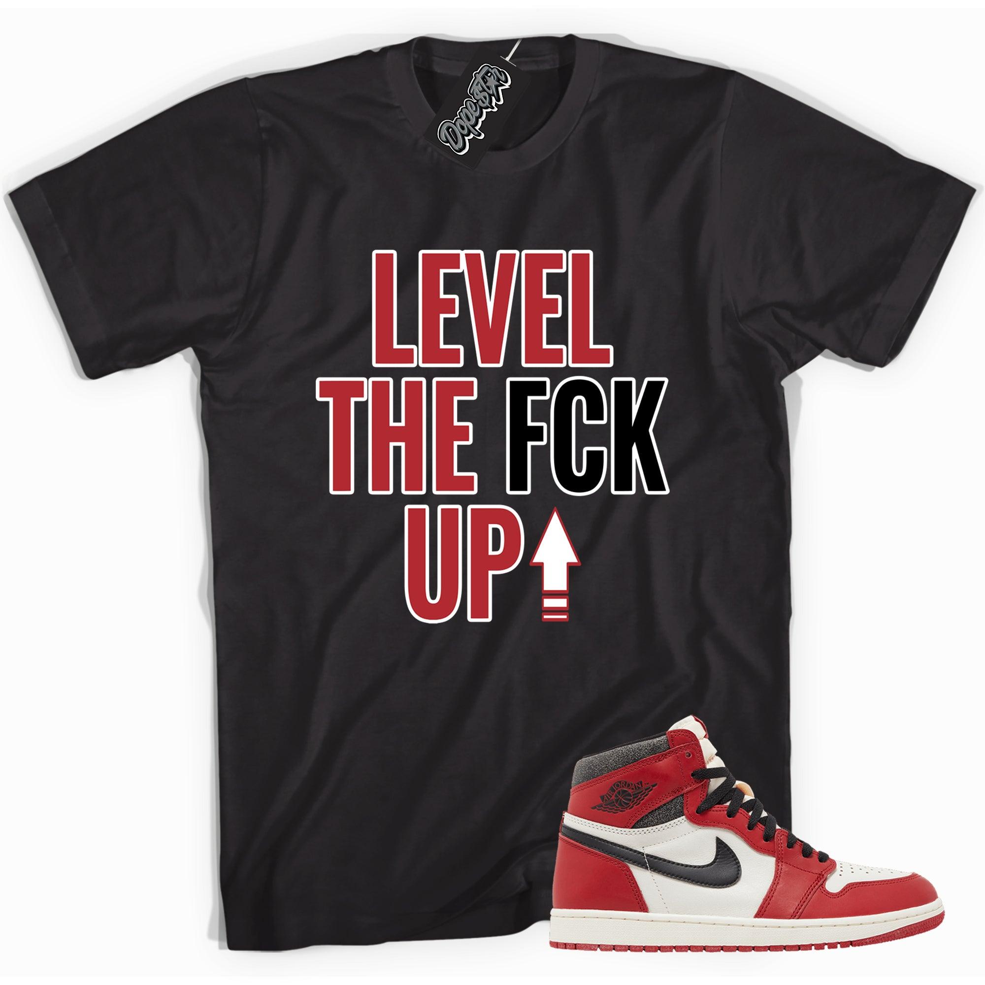 Cool black graphic tee with 'Level Up' print, that perfectly matches Air Jordan 1 Retro High OG Lost and Found sneakers.