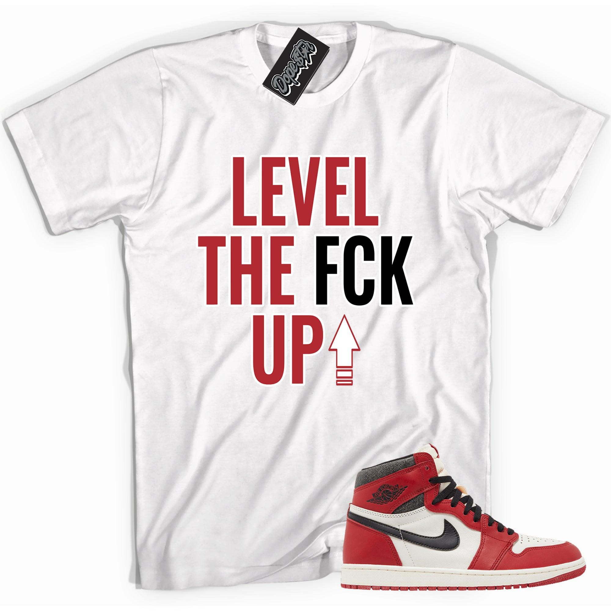 Cool white graphic tee with 'Level Up' print, that perfectly matches Air Jordan 1 Retro High OG Lost and Found sneakers.
