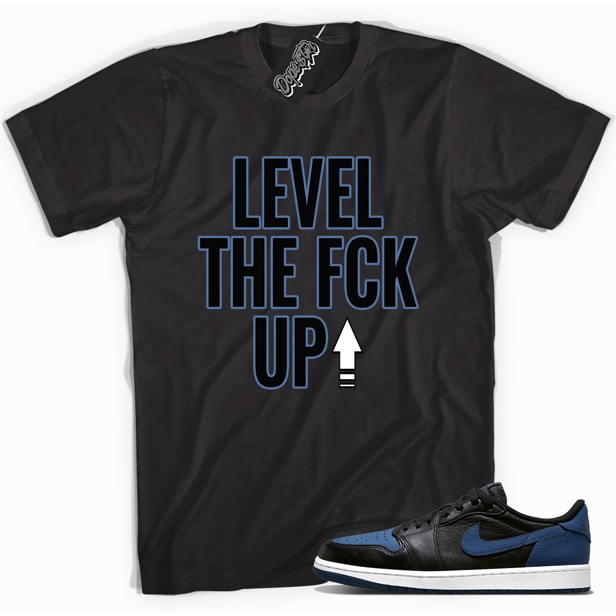 Cool black graphic tee with 'Level Up' print, that perfectly matches Air Jordan 1 Retro Low OG Mystic Navy sneakers.