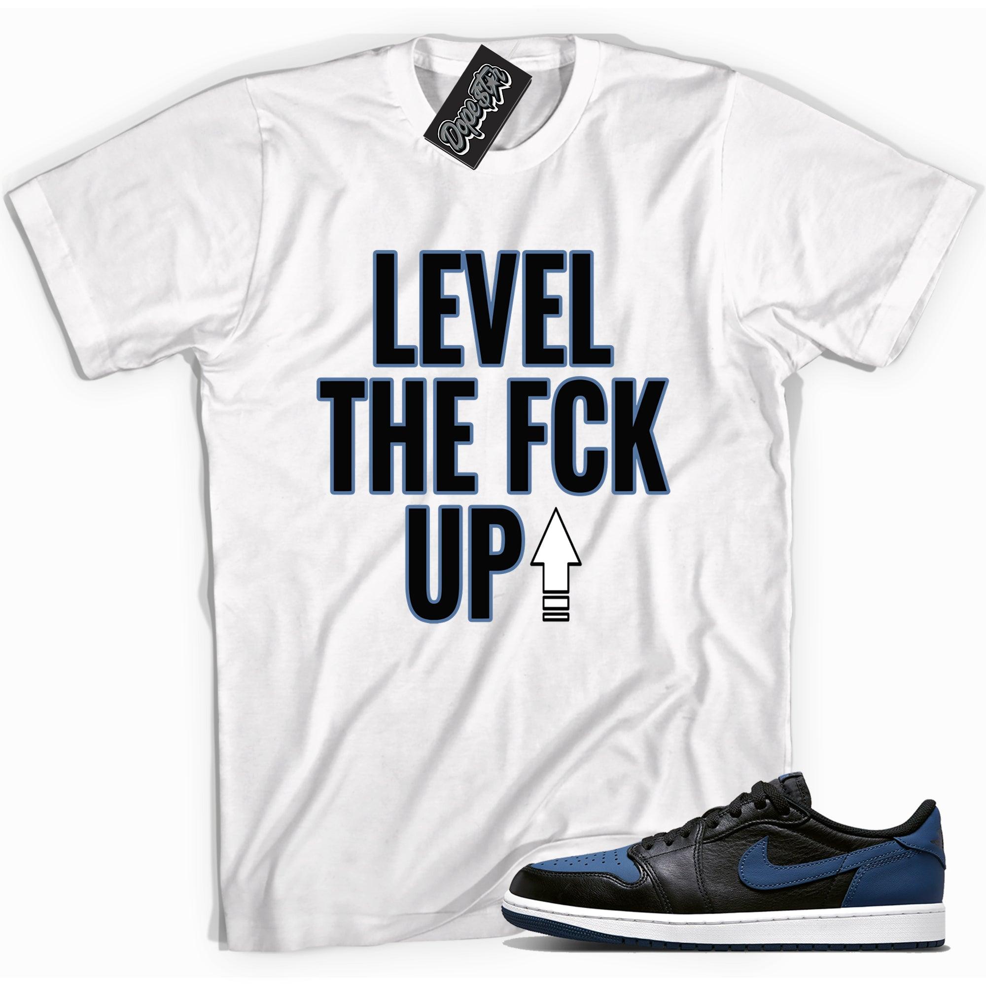 Cool white graphic tee with 'Level Up' print, that perfectly matches Air Jordan 1 Retro Low OG Mystic Navy sneakers.