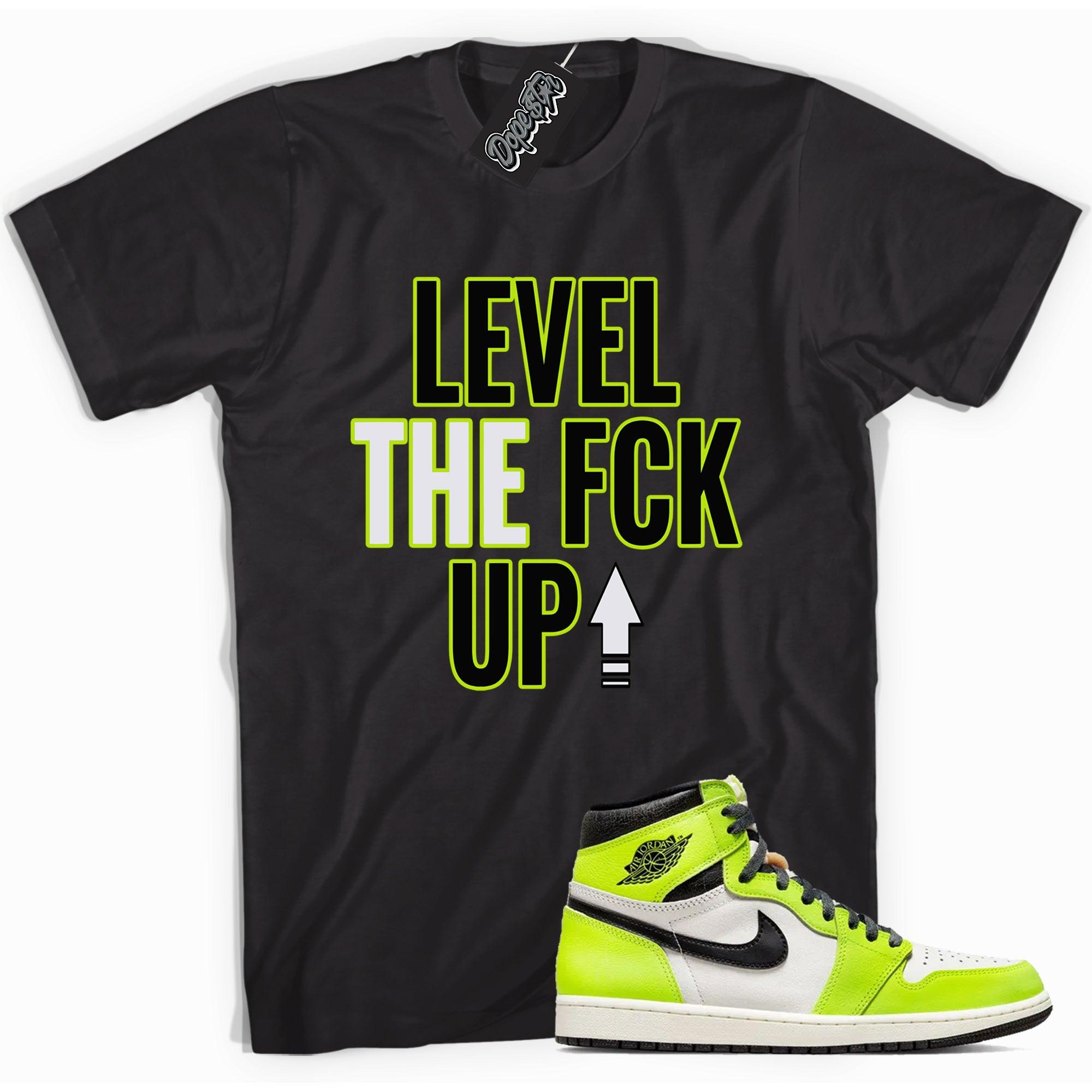 Cool black graphic tee with 'Level Up' print, that perfectly matches Air Jordan 1 high OG Visionaire sneakers.