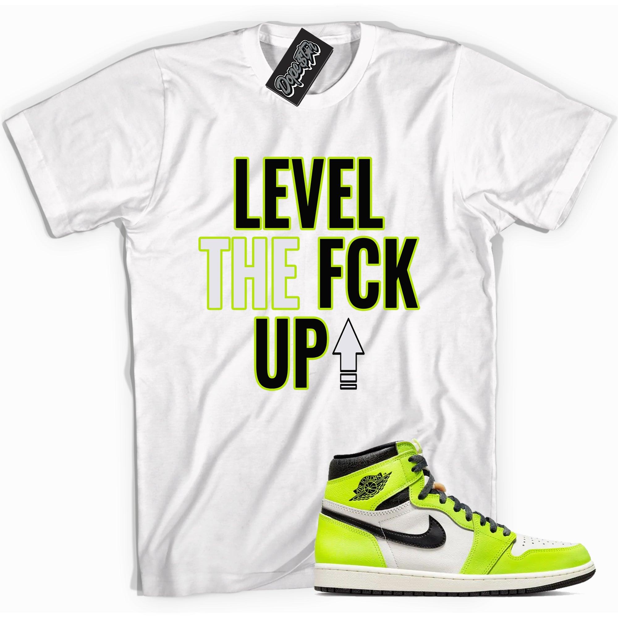 Cool white graphic tee with 'Level Up' print, that perfectly matches Air Jordan 1 high OG Visionaire sneakers.