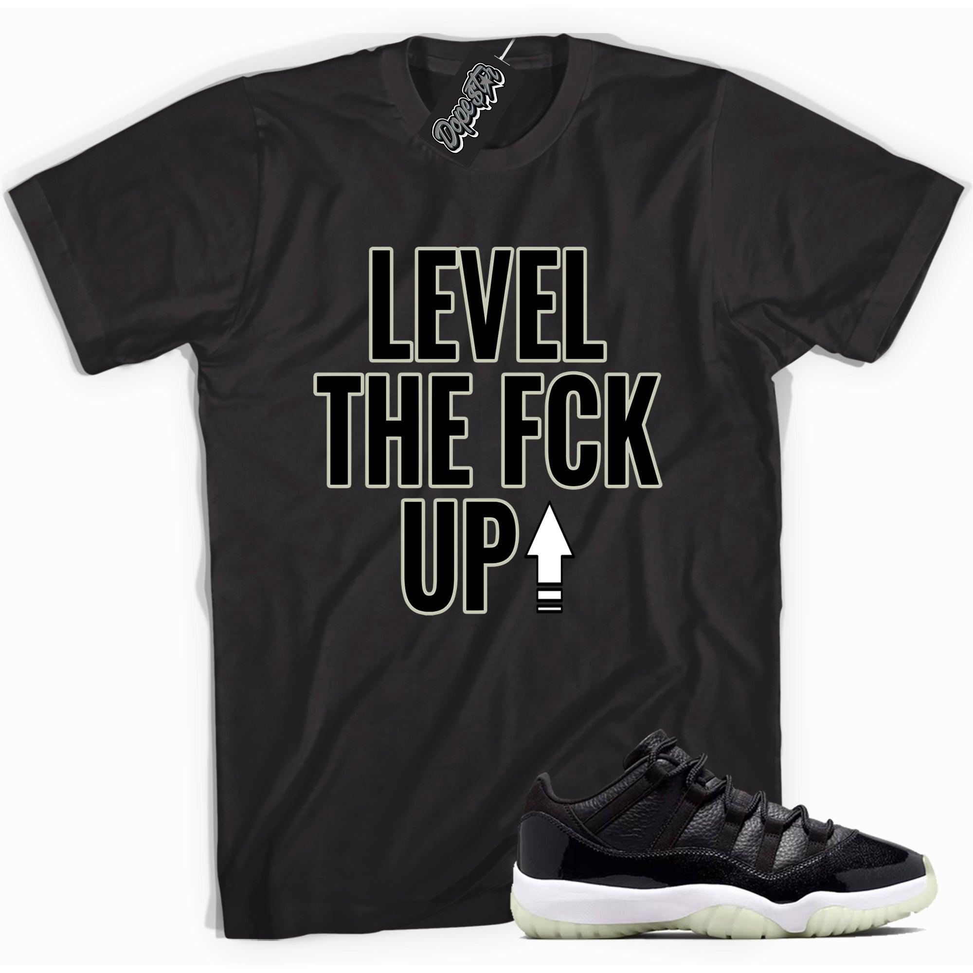 Cool black graphic tee with 'Level Up' print, that perfectly matches Air Jordan 11 Retro Low 72 10 sneakers.