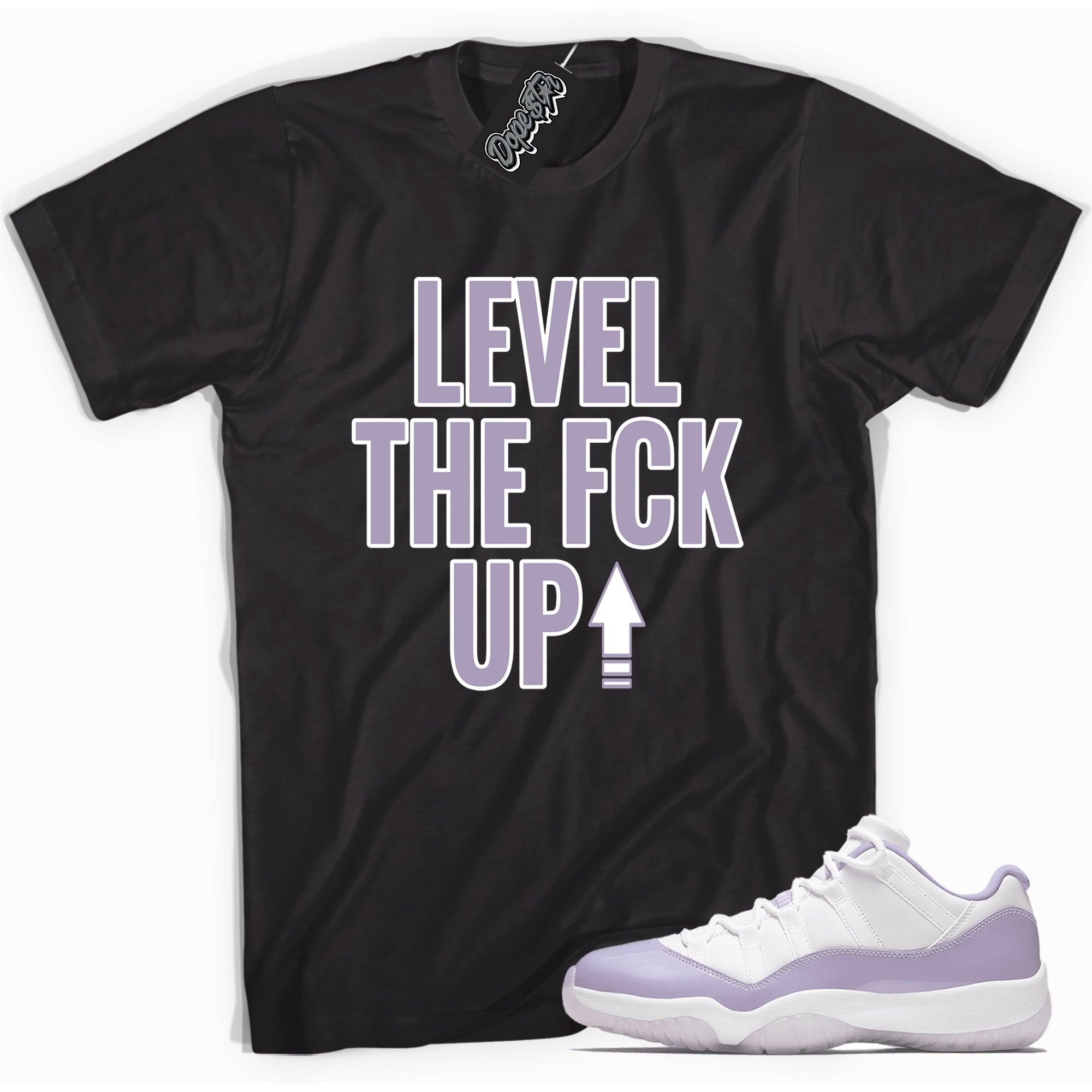 Cool black graphic tee with 'Level Up' print, that perfectly matches Air Jordan 11 Retro Low Pure violet sneakers.