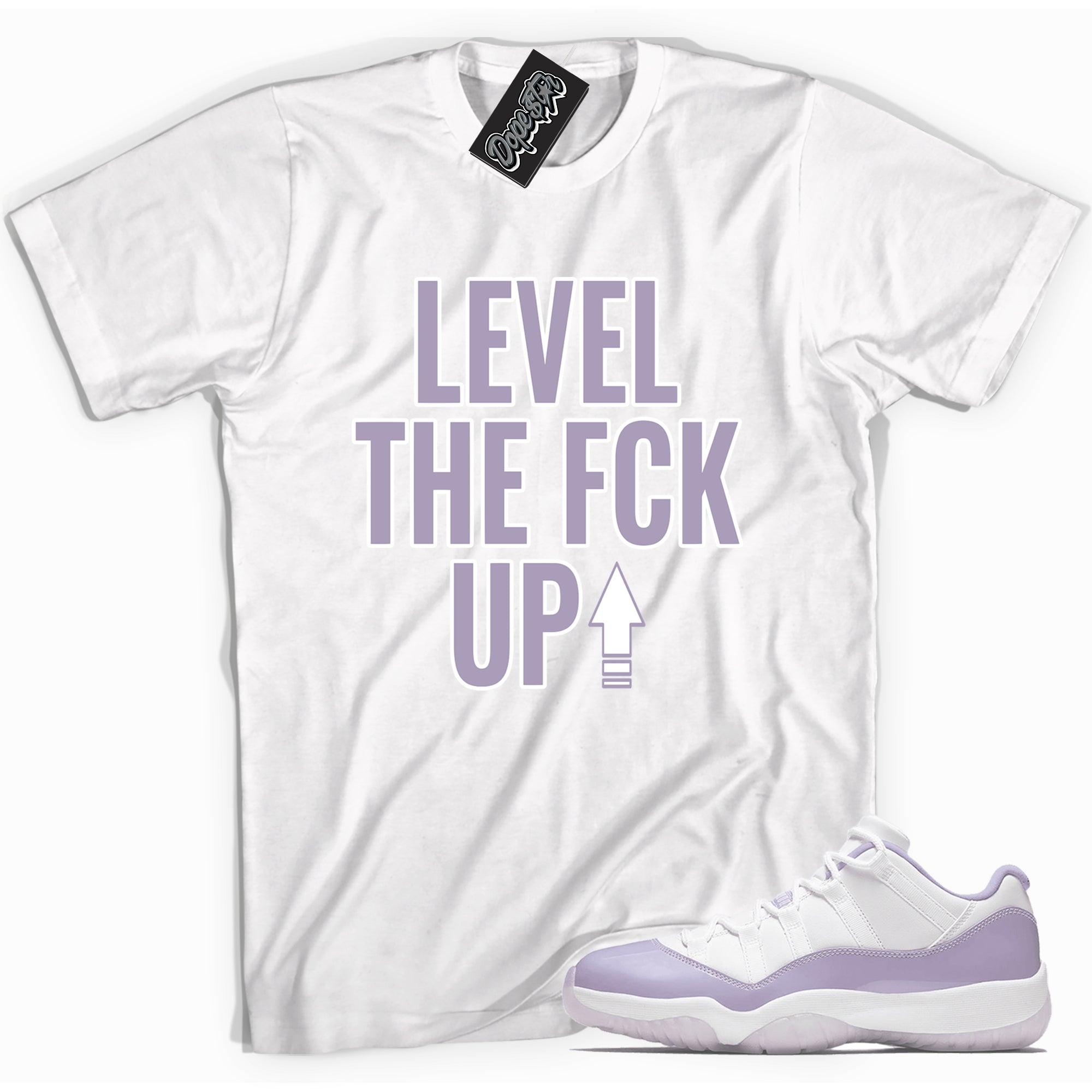 Cool white graphic tee with 'Level Up' print, that perfectly matches Air Jordan 11 Retro Low Pure violet sneakers.