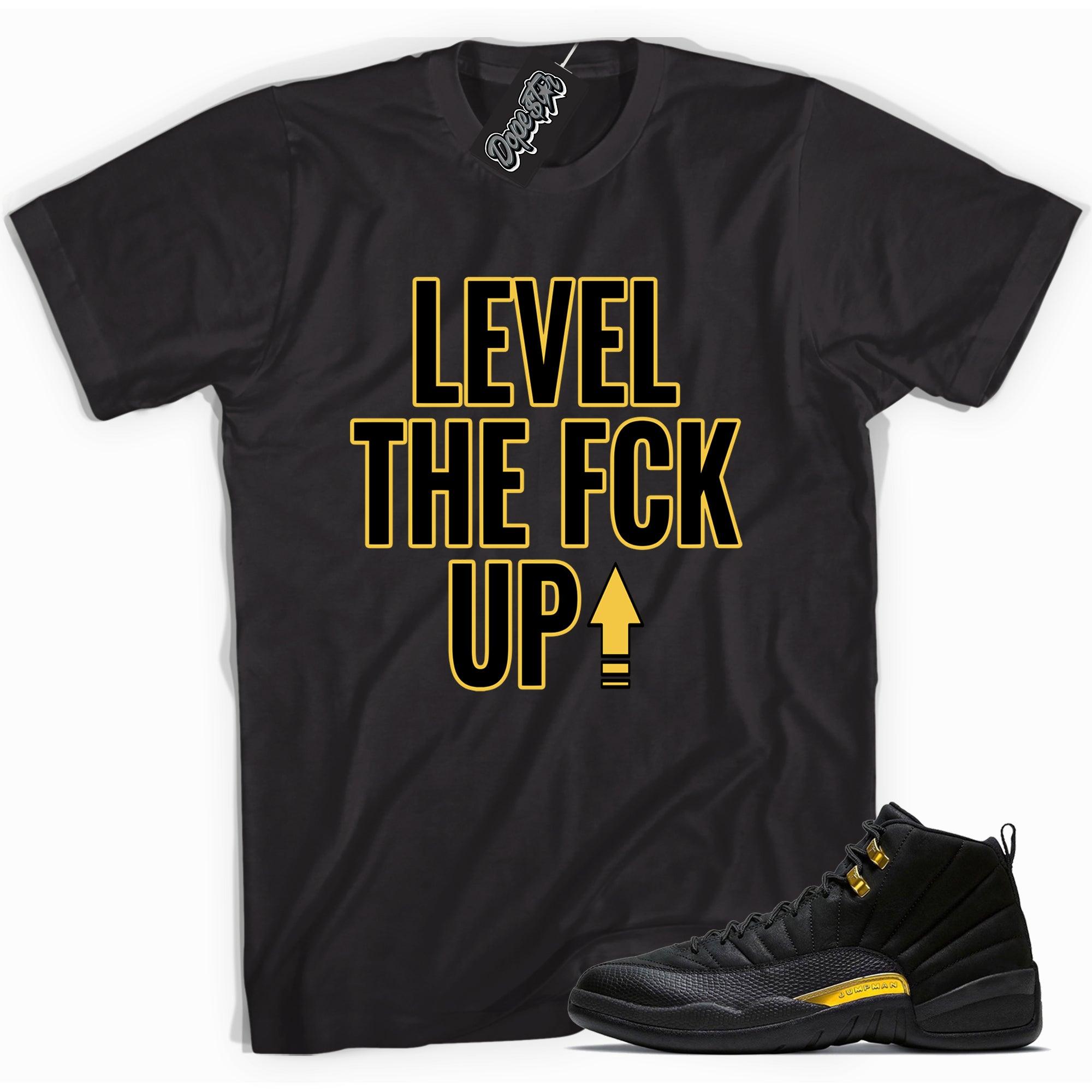Cool black graphic tee with 'Level Up' print, that perfectly matches Air Jordan 12 black taxi sneakers.