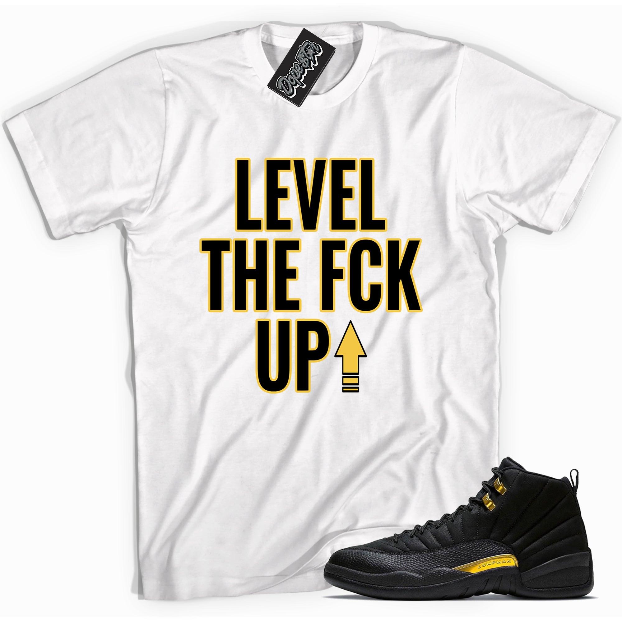 Cool white graphic tee with 'Level Up' print, that perfectly matches Air Jordan 12 black taxi sneakers.