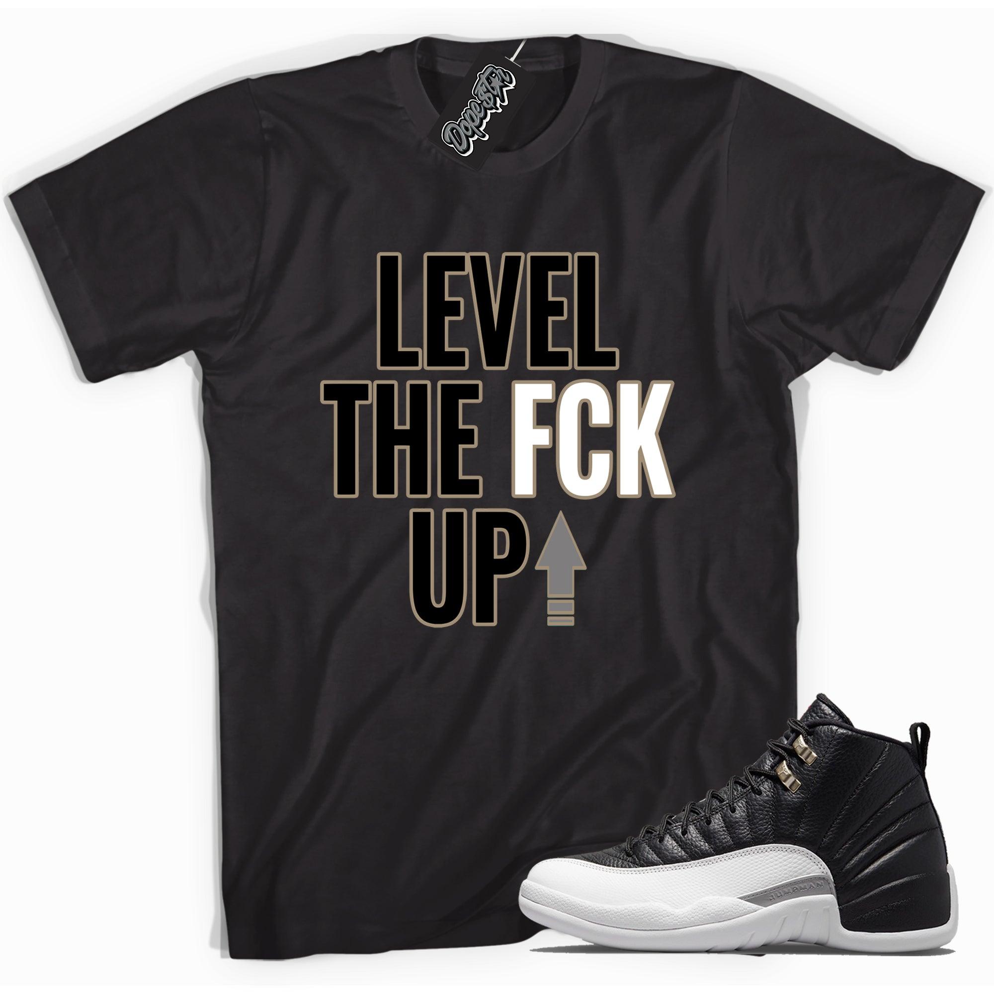 Cool black graphic tee with 'Level Up' print, that perfectly matches Air Jordan 12 Retro Playoffs Toe sneakers.